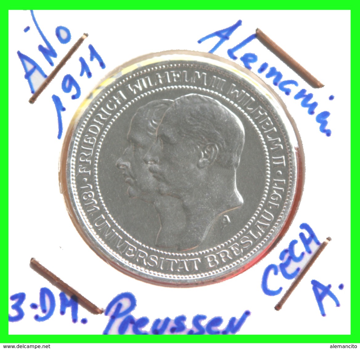 PREUSSEN - WILHELM II DEUTSCHES REICH 3 DM AÑO 1911 – CECA-A – BU. - 2, 3 & 5 Mark Argent