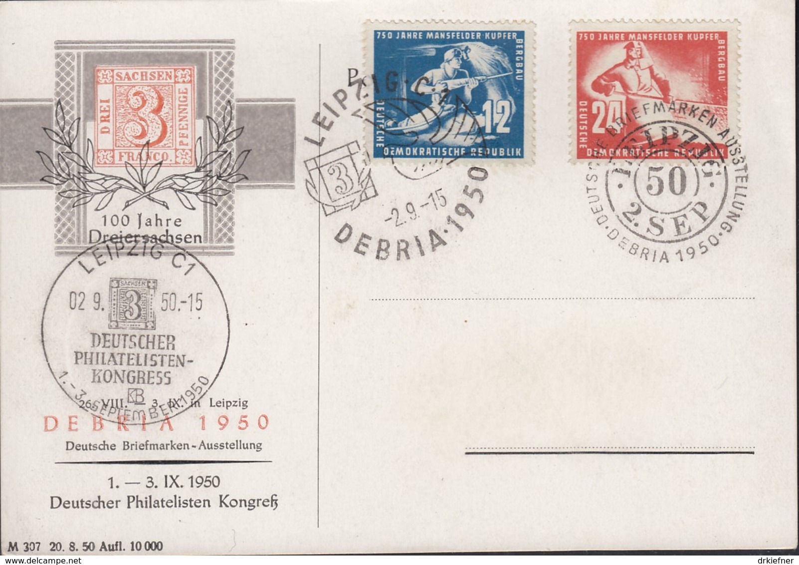 DDR 273-274 Auf Sonderkarte Mit 3 Versch. Sonderstempeln: Leipzig DEBRIA 2.9.1950 - Briefe U. Dokumente