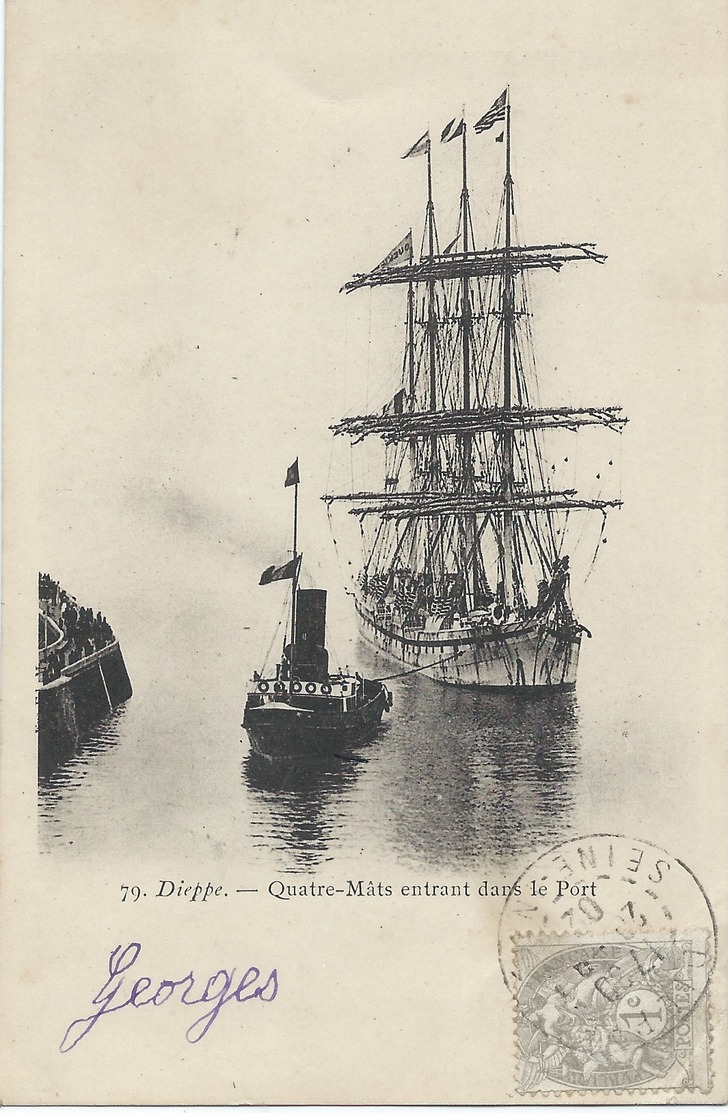 76 - Dieppe - Quatre-Mâts Entrant Dans Le Port - Cpa Précurseur - Tampon Postal De 1902 - Voiliers