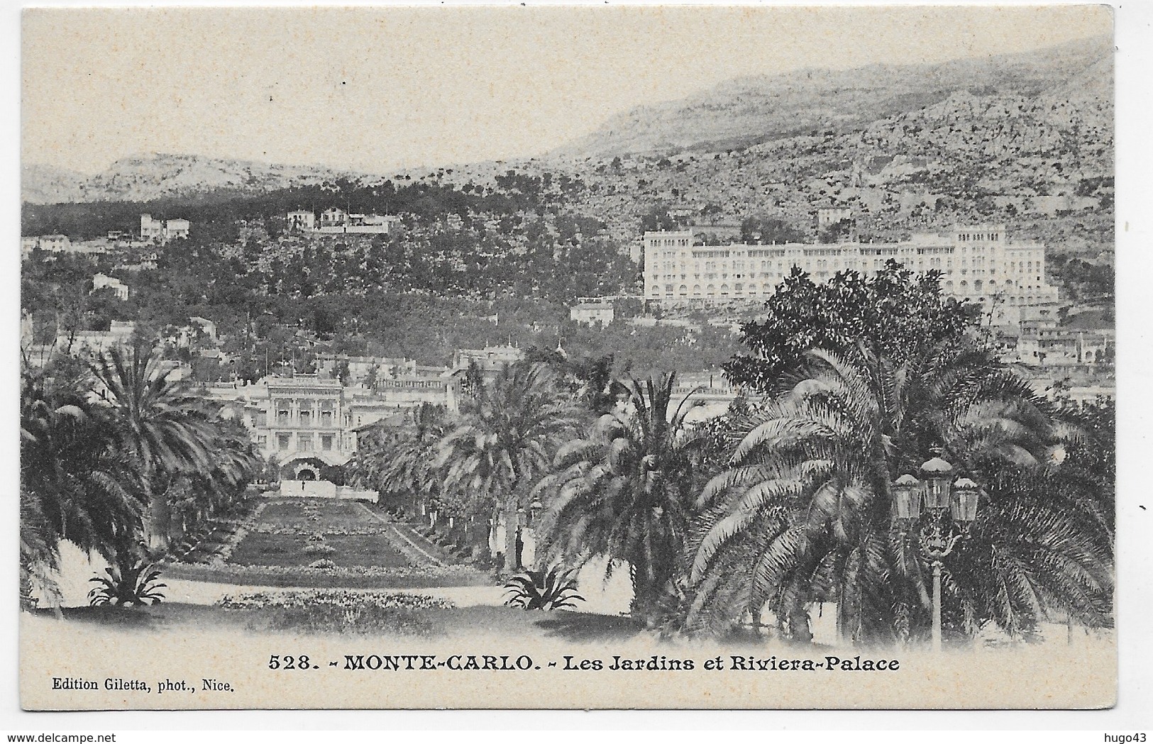 (RECTO / VERSO) MONTE CARLO EN 1902 - N° 528 - LES JARDINS ET LE RIVIERA PALACE - BEAU CACHET - CPA - Hoteles