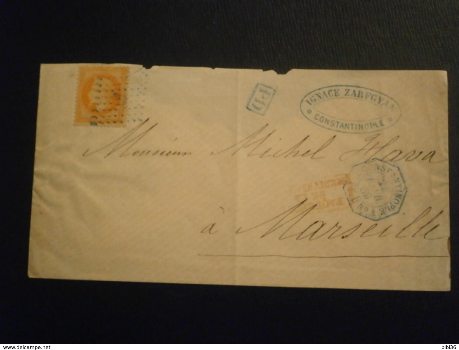 FRANCE TIMBRE NAPOLEON LAURE 31 TARIF LETTRE ENVELOPPE OBLITERATION CACHET MARITIME PAQUEBOT LEVANT ANCRE CONSTANTINOPLE - Poste Maritime