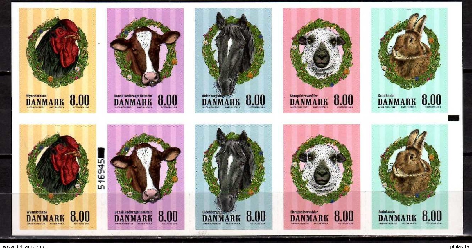 2016 Denmark -Farmer House Animals- Booklet Of 10 V With Running Number -MNH**  MiNr. 1870 - 1874 Horse, Caw, Rabbit, - Ungebraucht