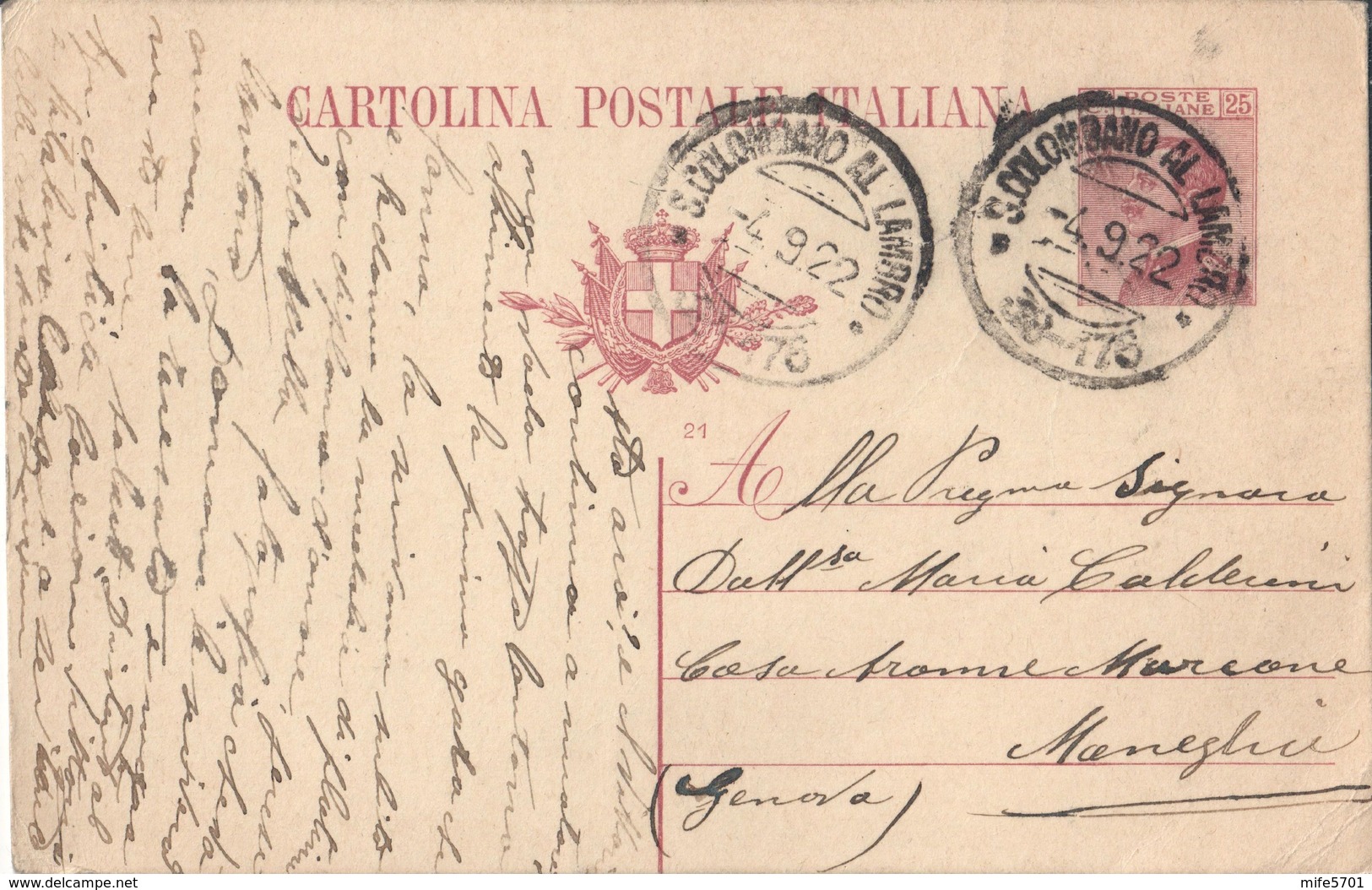 INTERO POSTALE TIPO MICHETTI C. 25 - CAT.FILAGRANO C49 MILLESIMO 21 - DA SAN COLOMBANO AL LAMBRO A MONEGLIA 4.9.1922 - Entiers Postaux