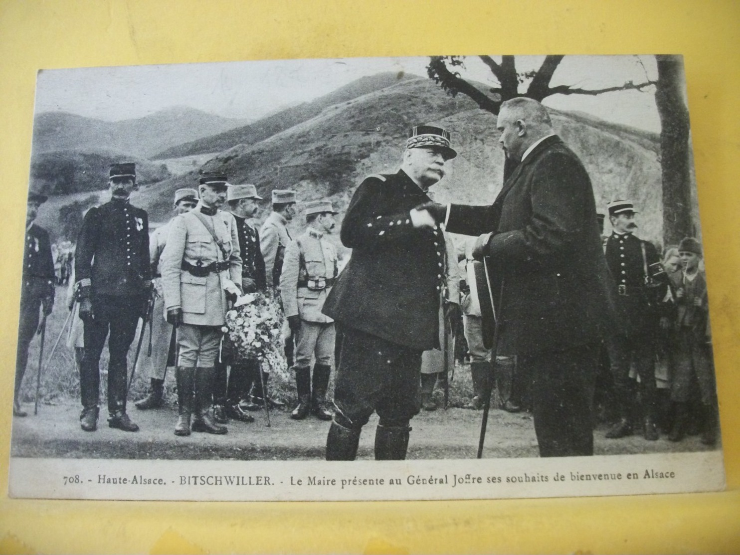 L11 4843 CPA - 67 BITSCHWILLER. LE MAIRE PRESENTE AU GENERAL JOFFRE SES SOUHAITS DE BIENVENUE EN ALSACE - ANIMATION. - Bischwiller