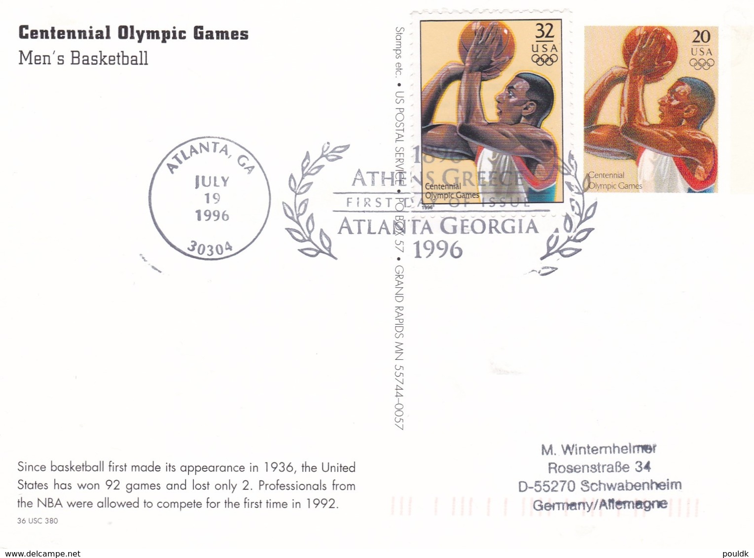 USA Upfranked Postal Stationary 1996 Olympic Games Atlanta - FDC Athens Greece Atlanta Georgia (DD24-4) - Summer 1996: Atlanta