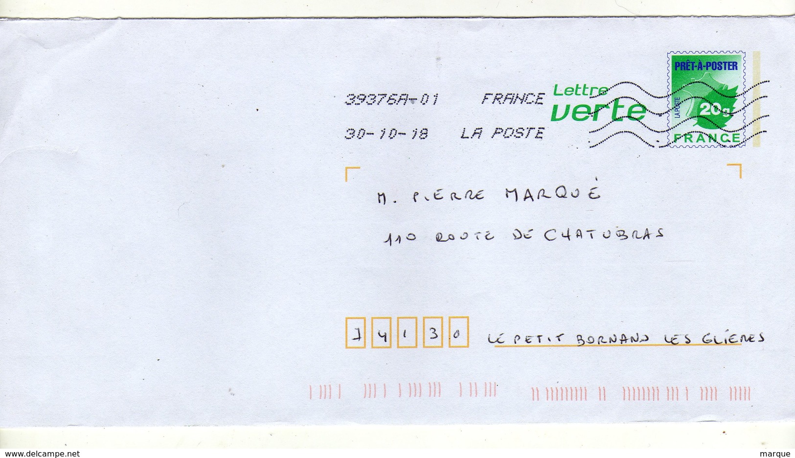Enveloppe FRANCE Prêt à Poster Lettre Verte Oblitération LA POSTE 39376A-01 30/10/2018 - Prêts-à-poster:  Autres (1995-...)