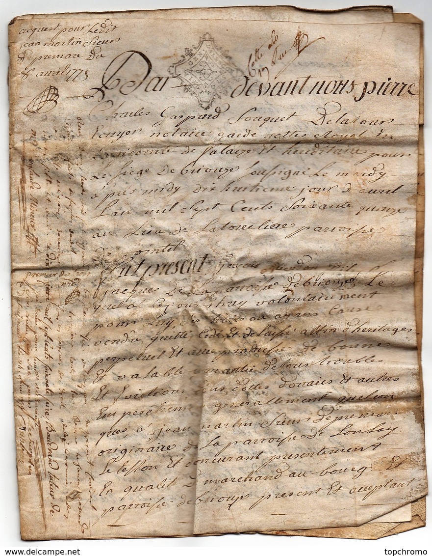 Acte Notarial Notaire Fouquet De La Tour Vente Briouze Manuscrit Sur Parchemin Cachet Généralité D'Alençon 6 Pages 1775 - Manuscripts