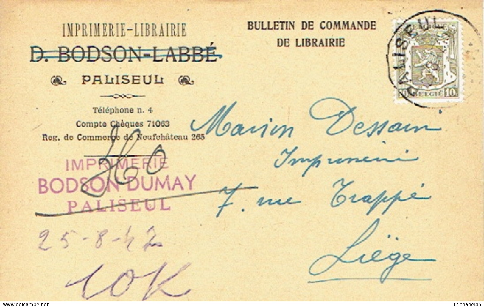 CP Publicitaire PALISEUL 1947 - Imprimerie - Librairie D. BODSON-LABBE Successeur : BODSON DUMAY - Paliseul