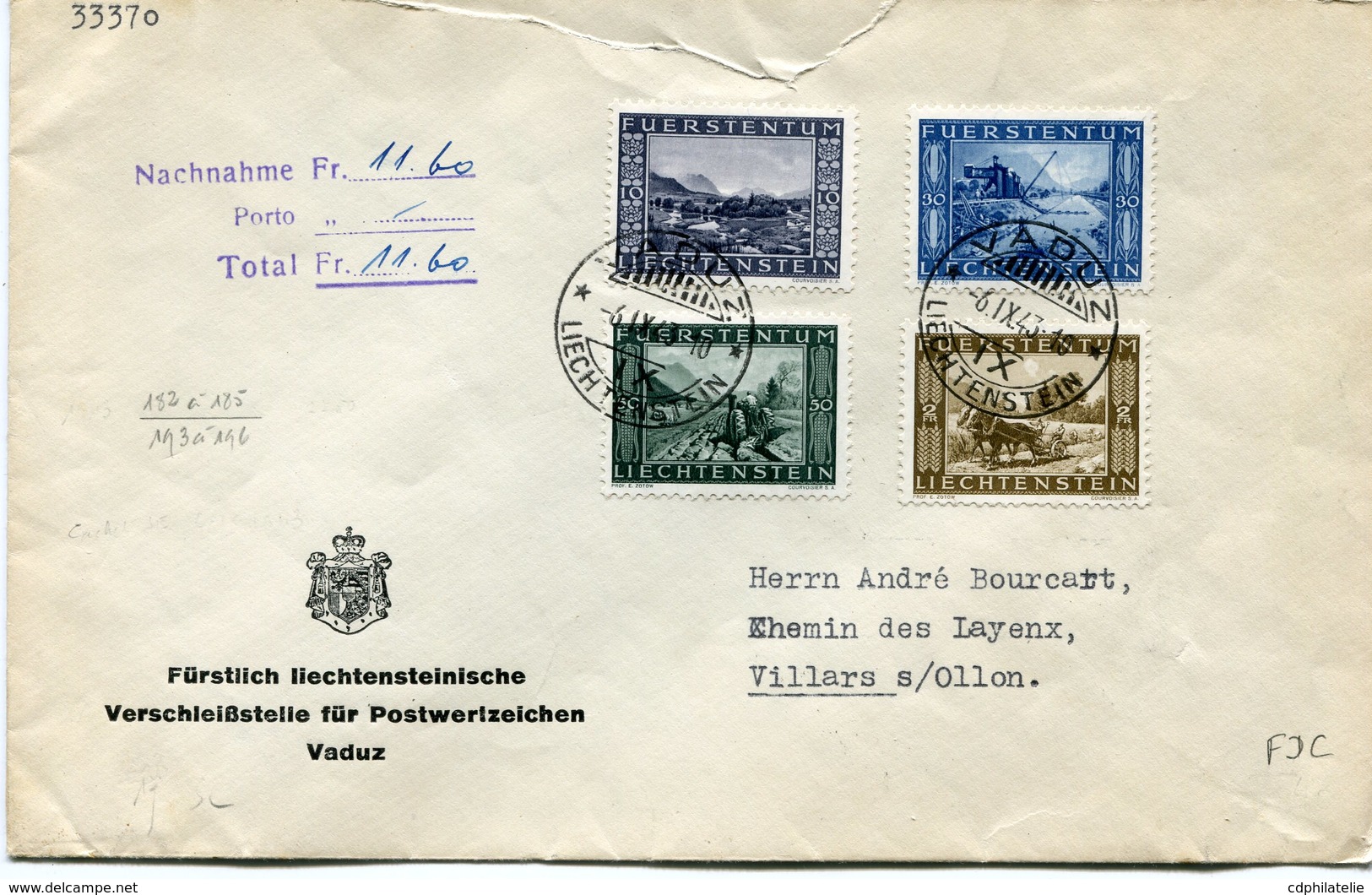 LIECHTENSTEIN LETTRE AFFRANCHIE AVEC LES N°193/96 ACHEVEMENT DU CANAL INTERIEUR DEPART VADUZ 6 IX 43 POUR LA SUISSE - Covers & Documents