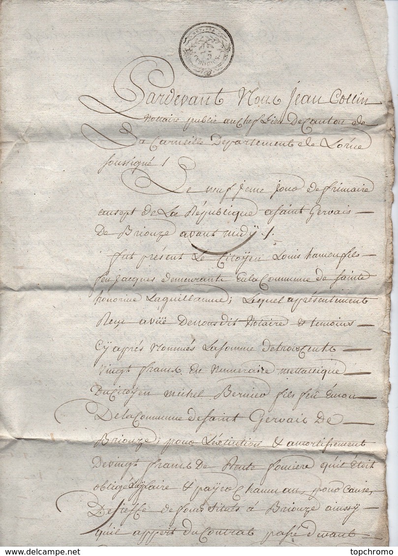 Acte Notarial Notaire Collin Contrat Rente Briouze Orne Manuscrit Cachet 4 Pages Frimaire An 7 De La République (1798) - Manuscrits