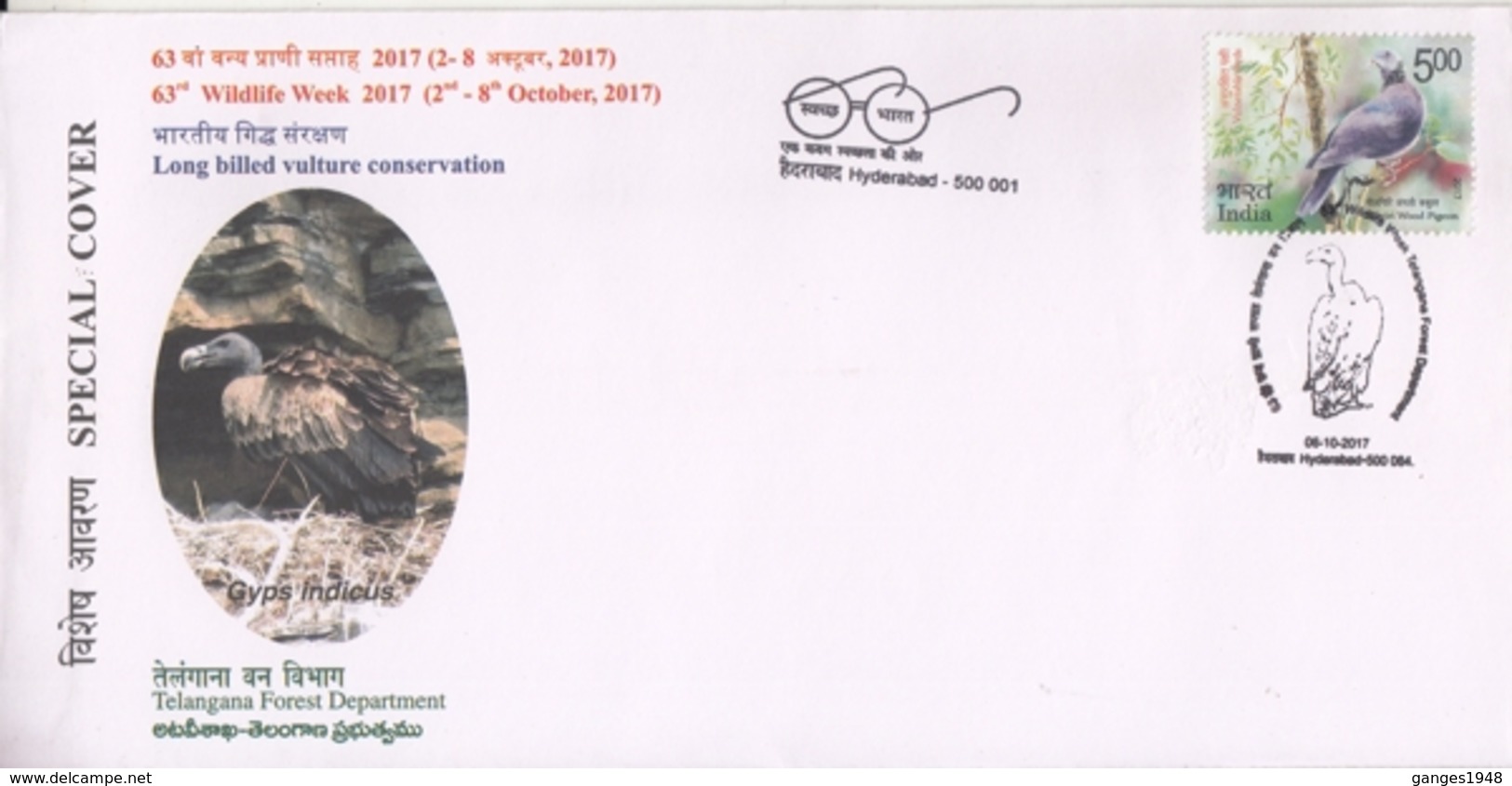 India 2017  Birds Of Prey  Gyps Indicus Long Billed Vulture Conservation  Hyderaba  Special Cover  # 15092  Inde  Indien - Eagles & Birds Of Prey