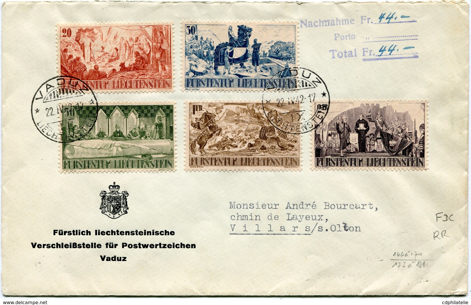 LIECHTENSTEIN LETTRE AFFRANCHIE AVEC LES N°177/81  6e CENTENAIRE DE LA SEPARATION.. DEPART VADUZ 22 IV 42 POUR LA...  RR - Storia Postale