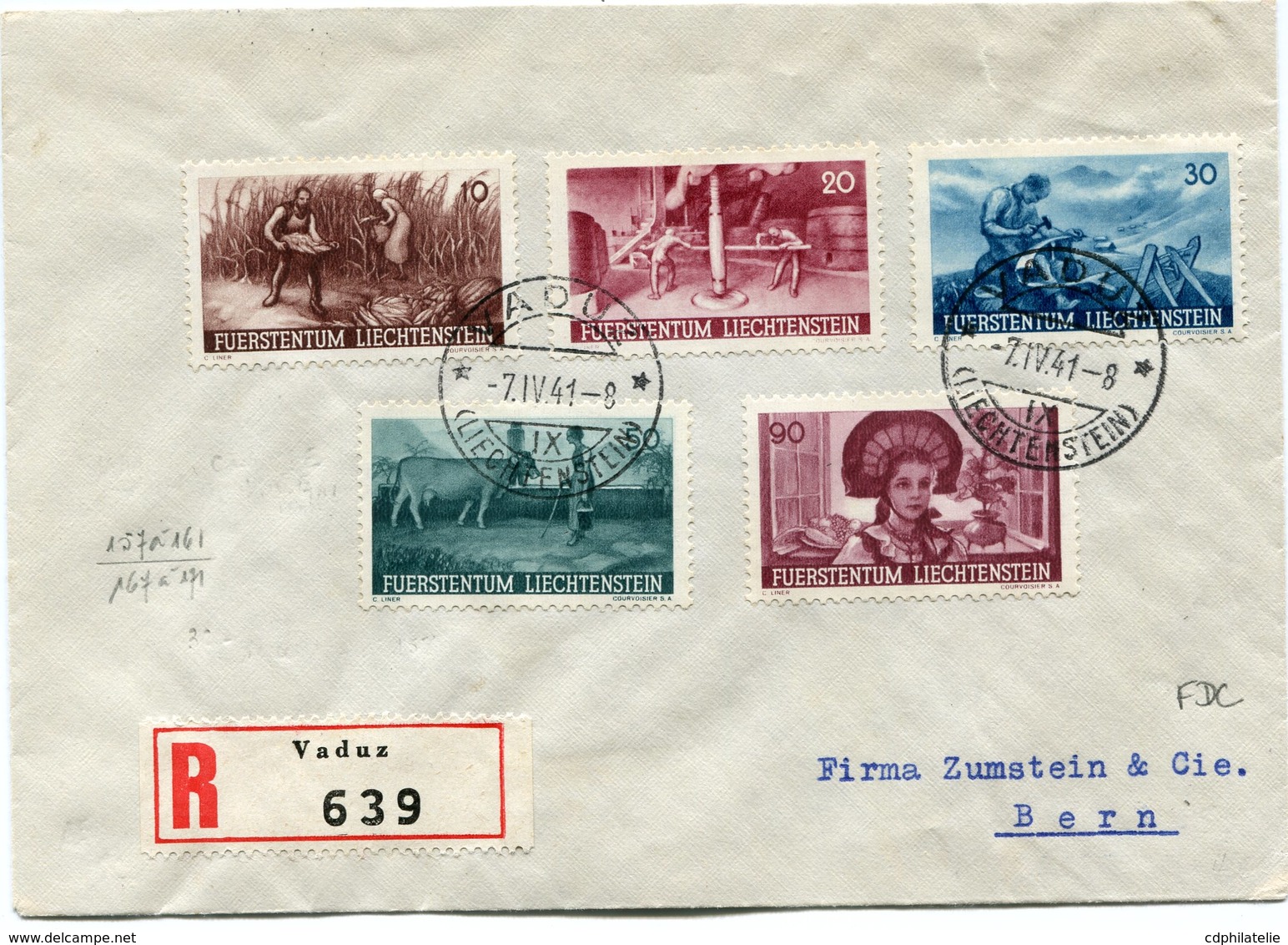 LIECHTENSTEIN LETTRE RECOMMANDEE AFFRANCHIE AVEC LES N°167/71 TIMBRES.....POUR L'AGRICULTURE DEPART VADUZ 7 IV 41 POUR.. - Brieven En Documenten