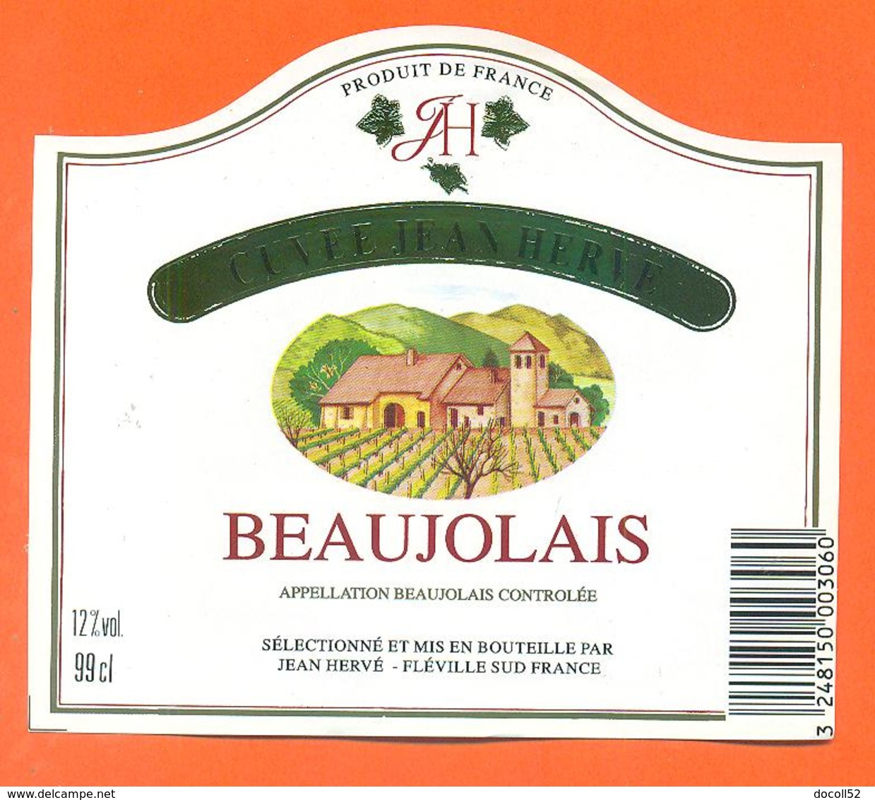 étiquette Vin Beaujolais Cuvée Jean Hervé à Fléville Sud - 99 Cl - Beaujolais