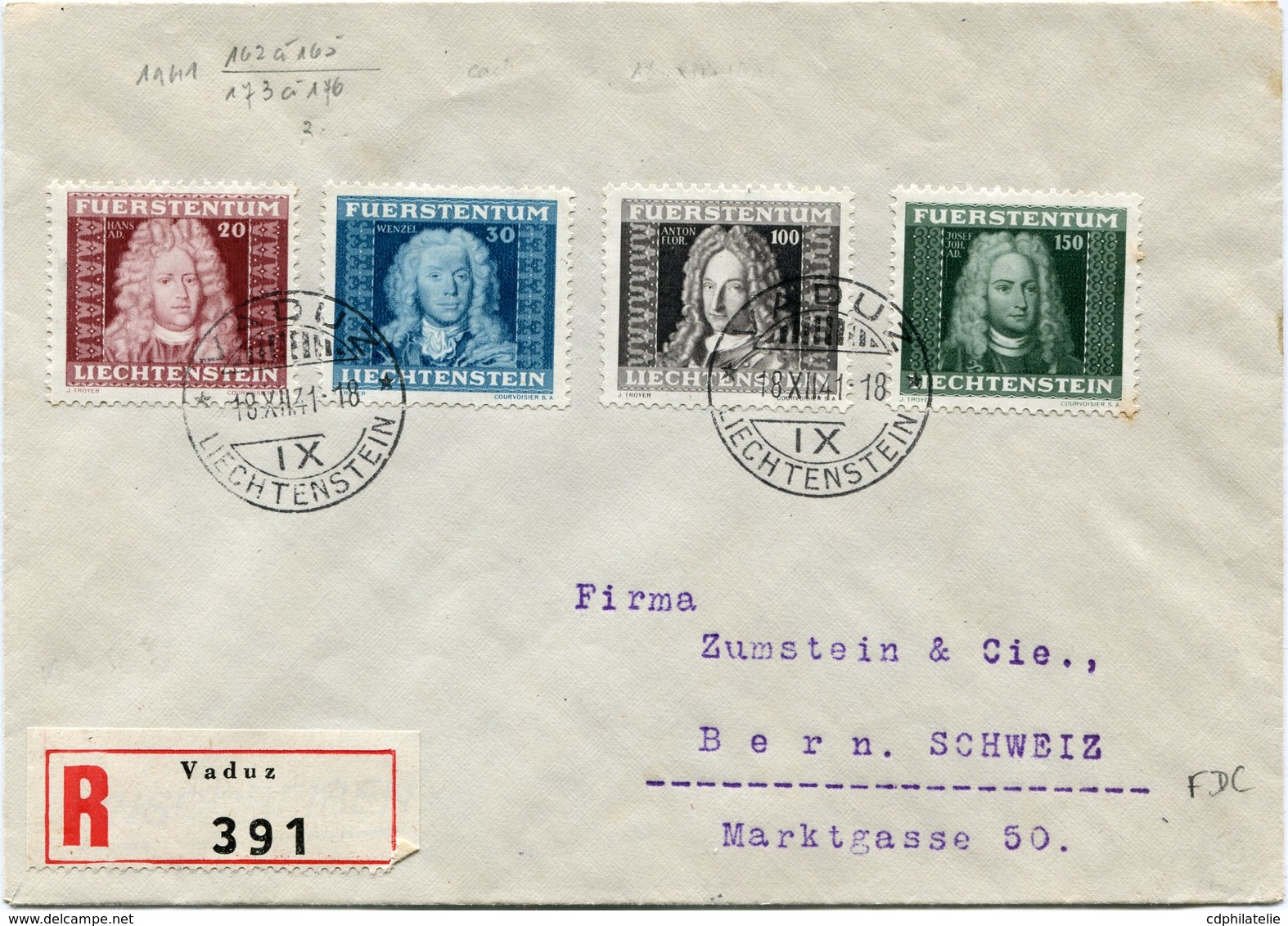 LIECHTENSTEIN LETTRE RECOMMANDEE AFFRANCHIE AVEC LES N°173/76 PORTRAITS DE PRINCES DEPART VADUZ 18 XII 41 POUR LA SUISSE - Covers & Documents