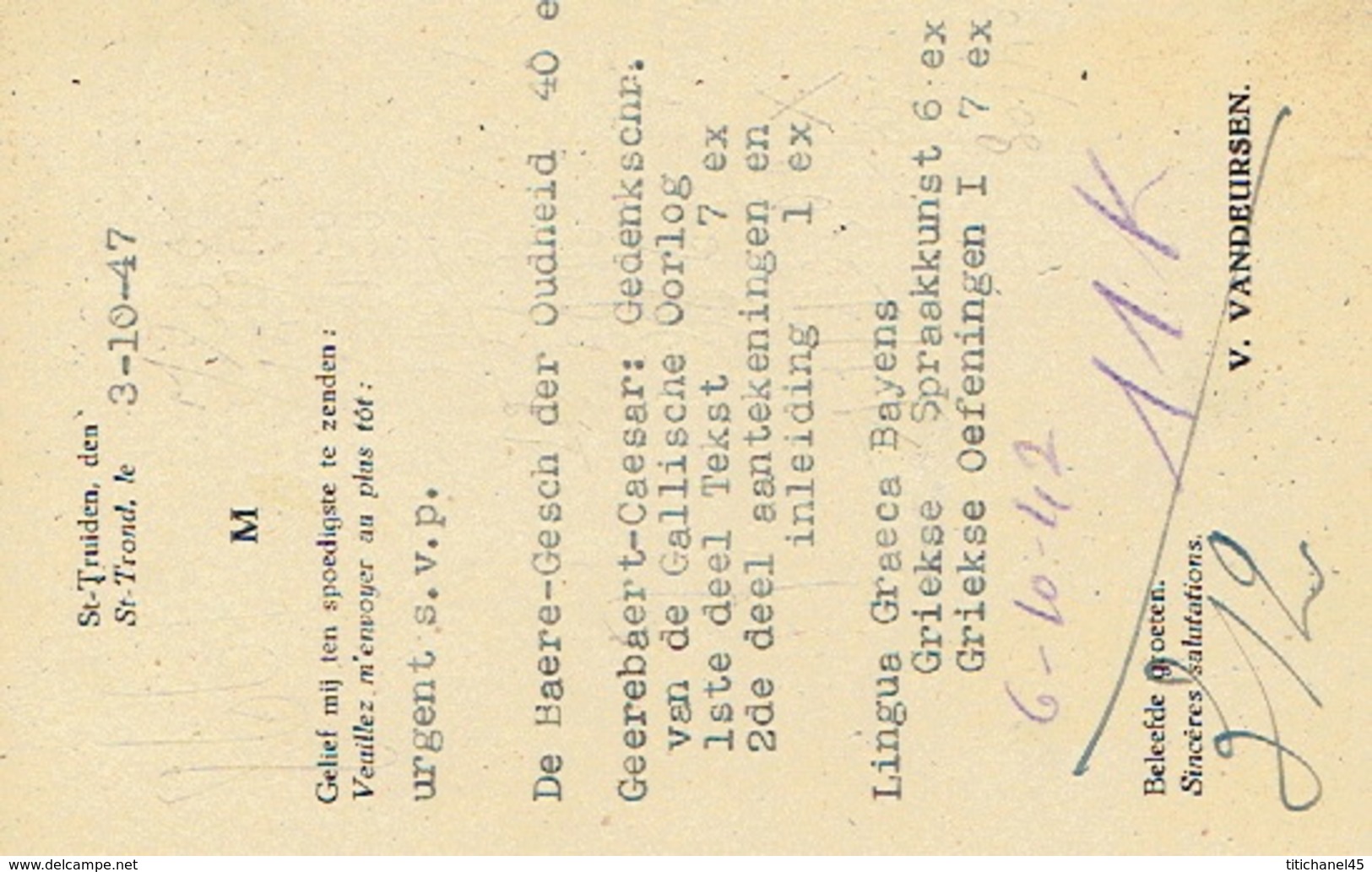 PK Publicitaire SINT-TRUIDEN 1952 - Valère VANDEUSEN - Boek- En Papierhandel - Sint-Truiden