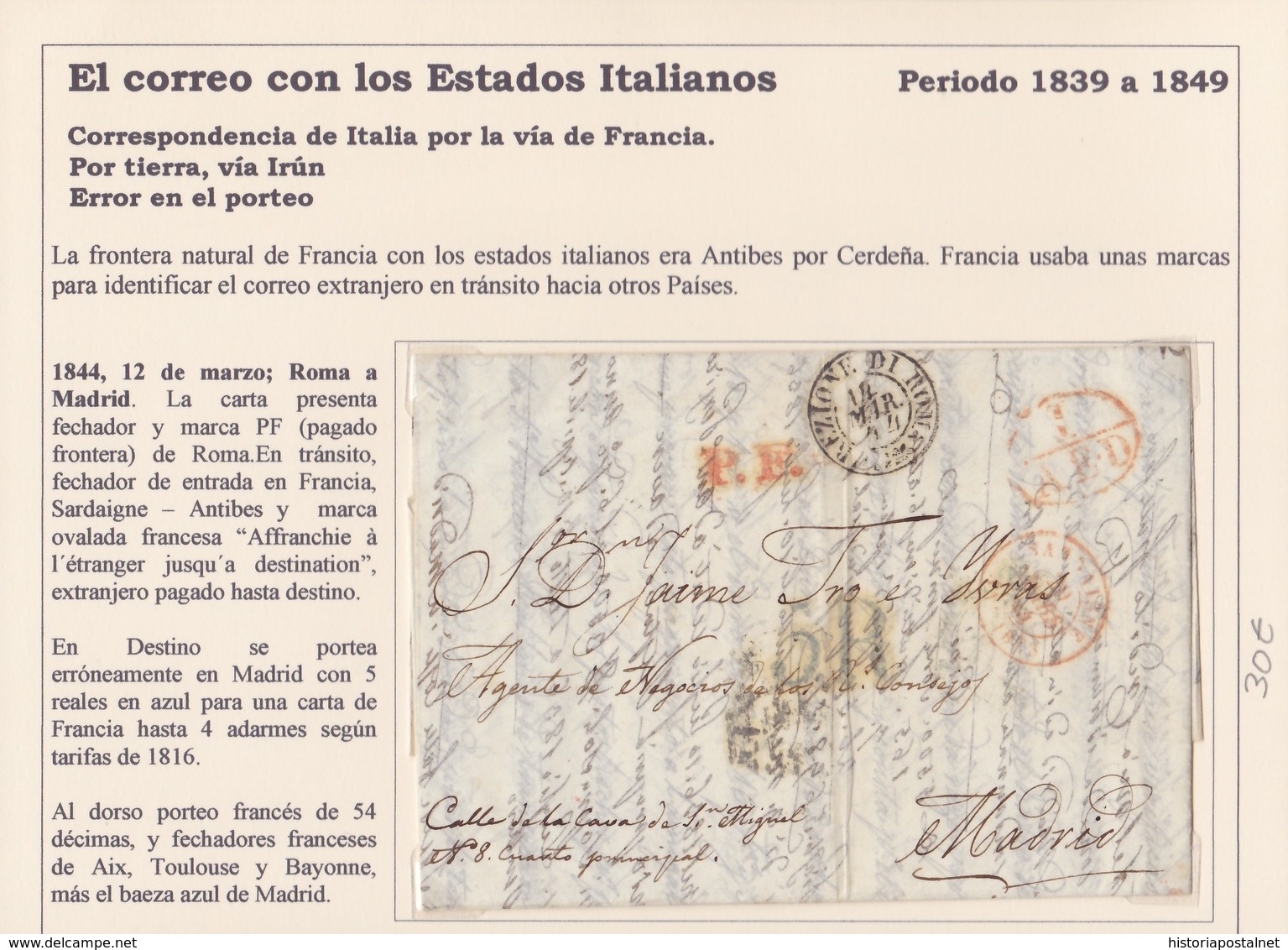 1844. ROMA A MADRID. FECHADOR Y MARCA "PF" PAGADO FRONTERA DE ROMA. PORTEO 5 REALES. AL DORSO "54" DÉCIMAS Y FECHADORES. - 1. ...-1850 Prefilatelia