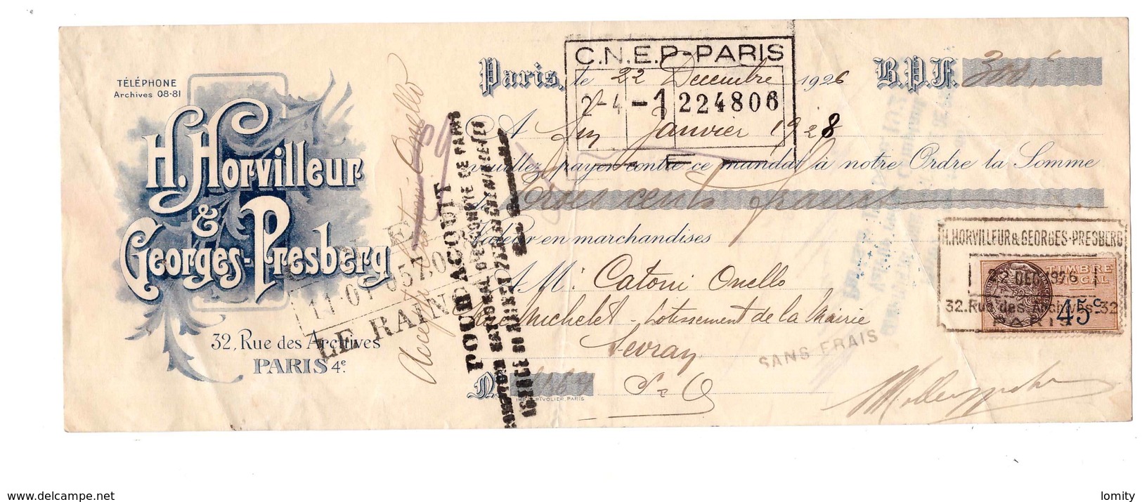 1926 Facture Horvilleur & Georges Presberg 32 Rue Des Archives Paris 4eme Mandat 300 Francs Timbre Fiscal France - Lettres De Change