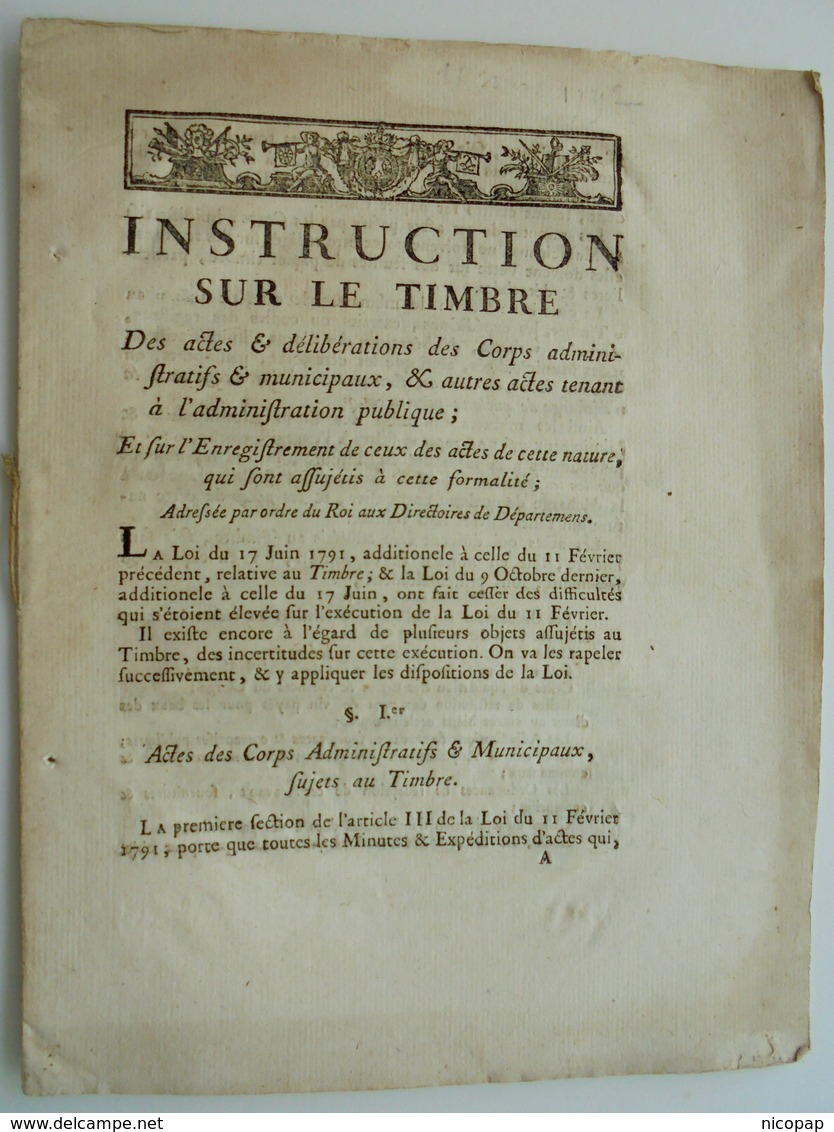 Instruction Sur Le Timbre, 1792 - Decreti & Leggi