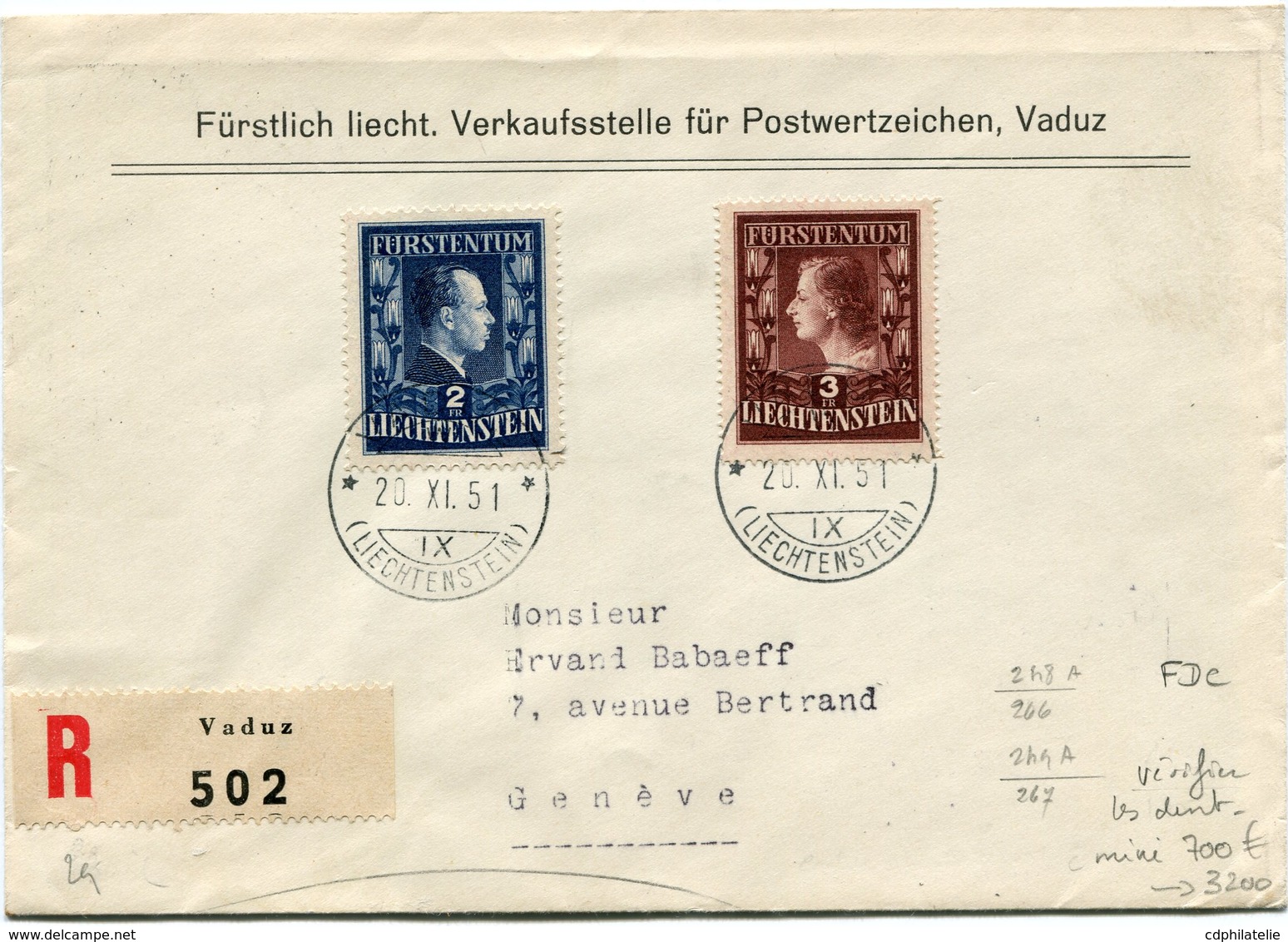 LIECHTENSTEIN LETTRE RECOMMANDEE AFFRANCHIE AVEC LES N°266/67 COUPLE PRINCIER DEPART VADUZ 20 XI 51 POUR LA SUISSE - Lettres & Documents