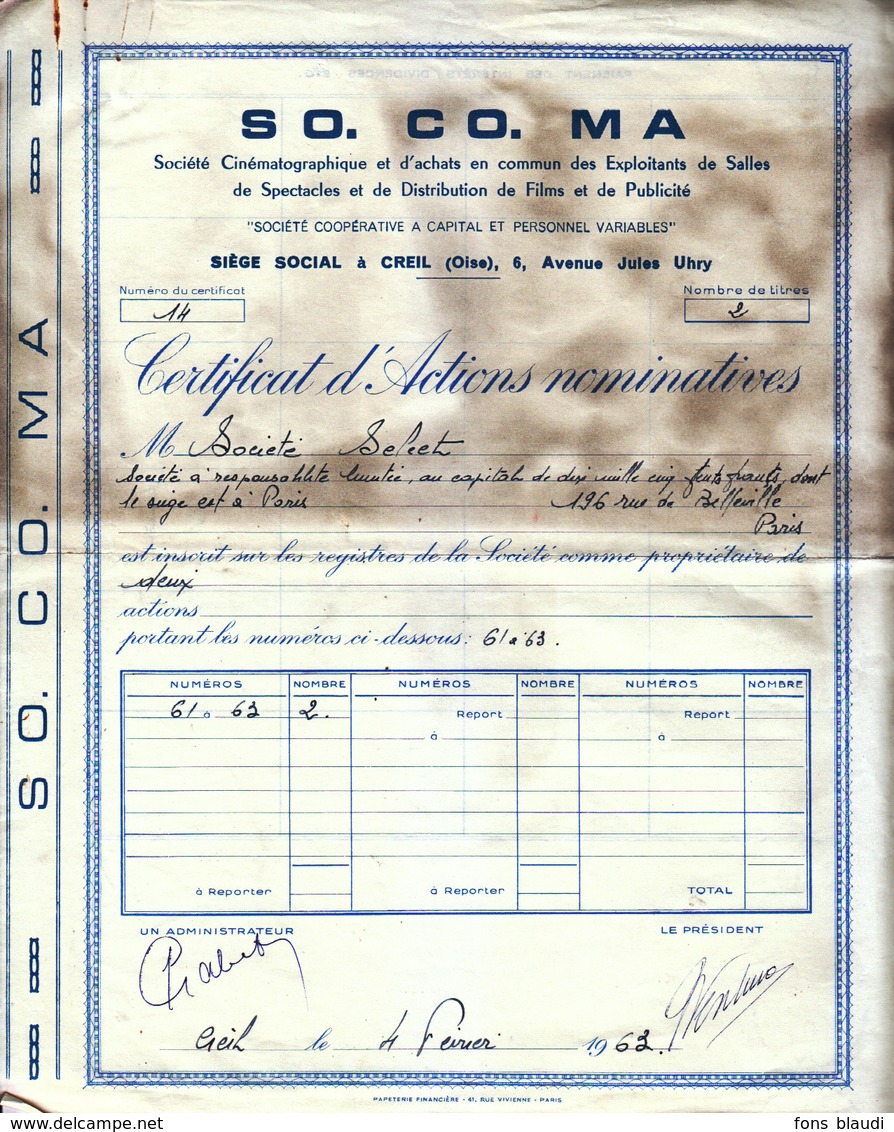 1963 - Certificat - So Co Ma à Creil (Oise) - Cinéma - FRANCO DE PORT - Cinéma & Théatre