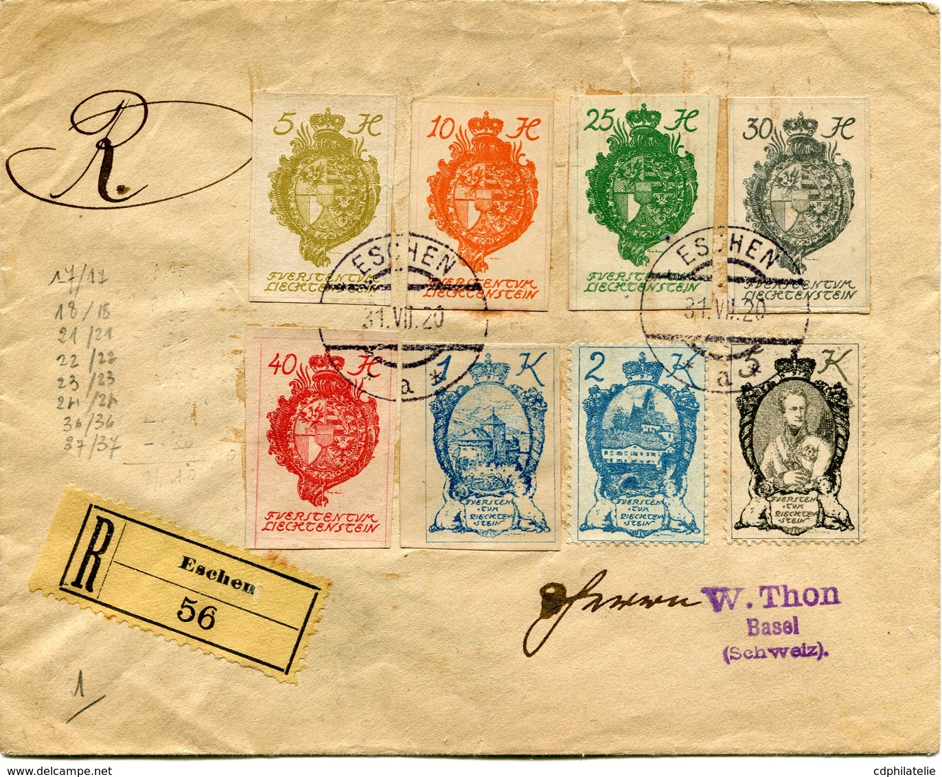 LIECHTENSTEIN LETTRE RECOMMANDEE DEPART ESCHEN 31 VII 20 POUR LA SUISSE - Covers & Documents