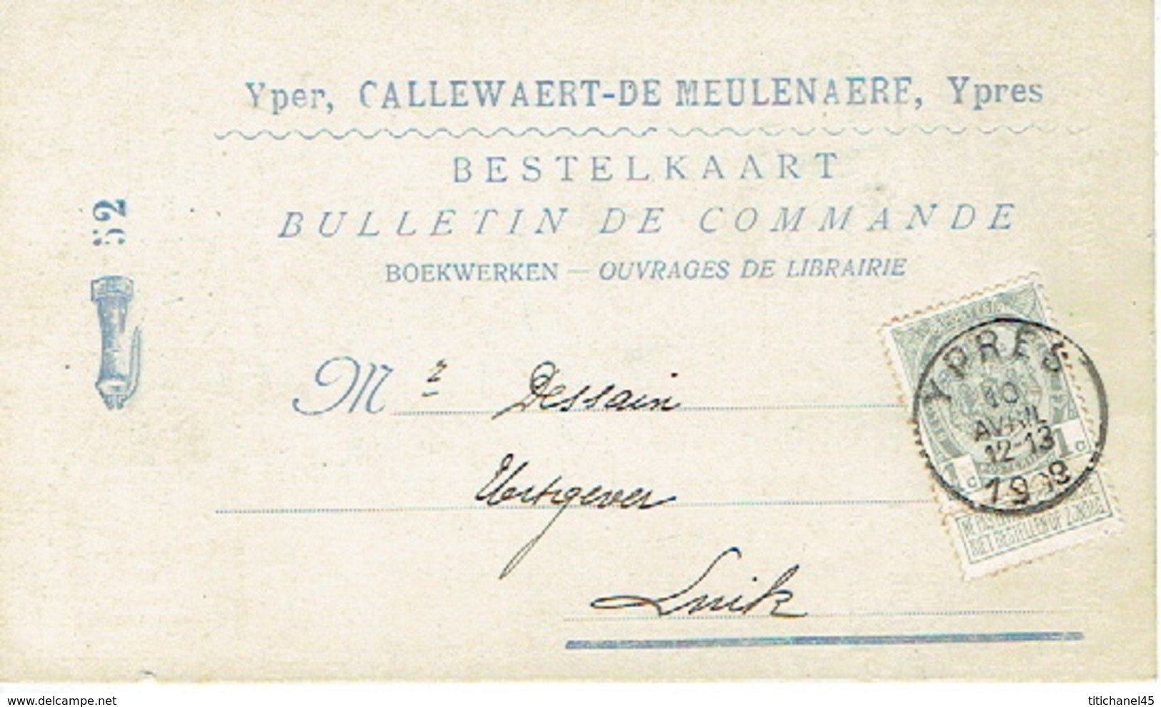 Postkaart Publicitaire  IEPER 1908 - Header CALLEWAERT-DE MEULENAERE Boekhandel Te YPRES - Ieper