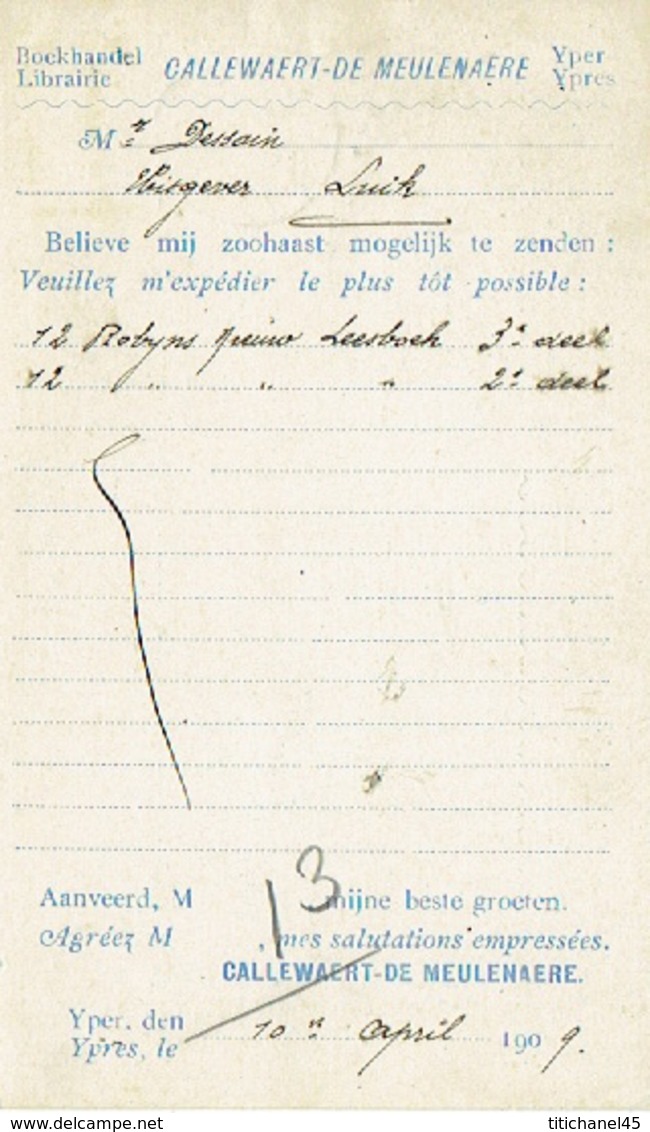 Postkaart Publicitaire  IEPER 1908 - Header CALLEWAERT-DE MEULENAERE Boekhandel Te YPRES - Ieper