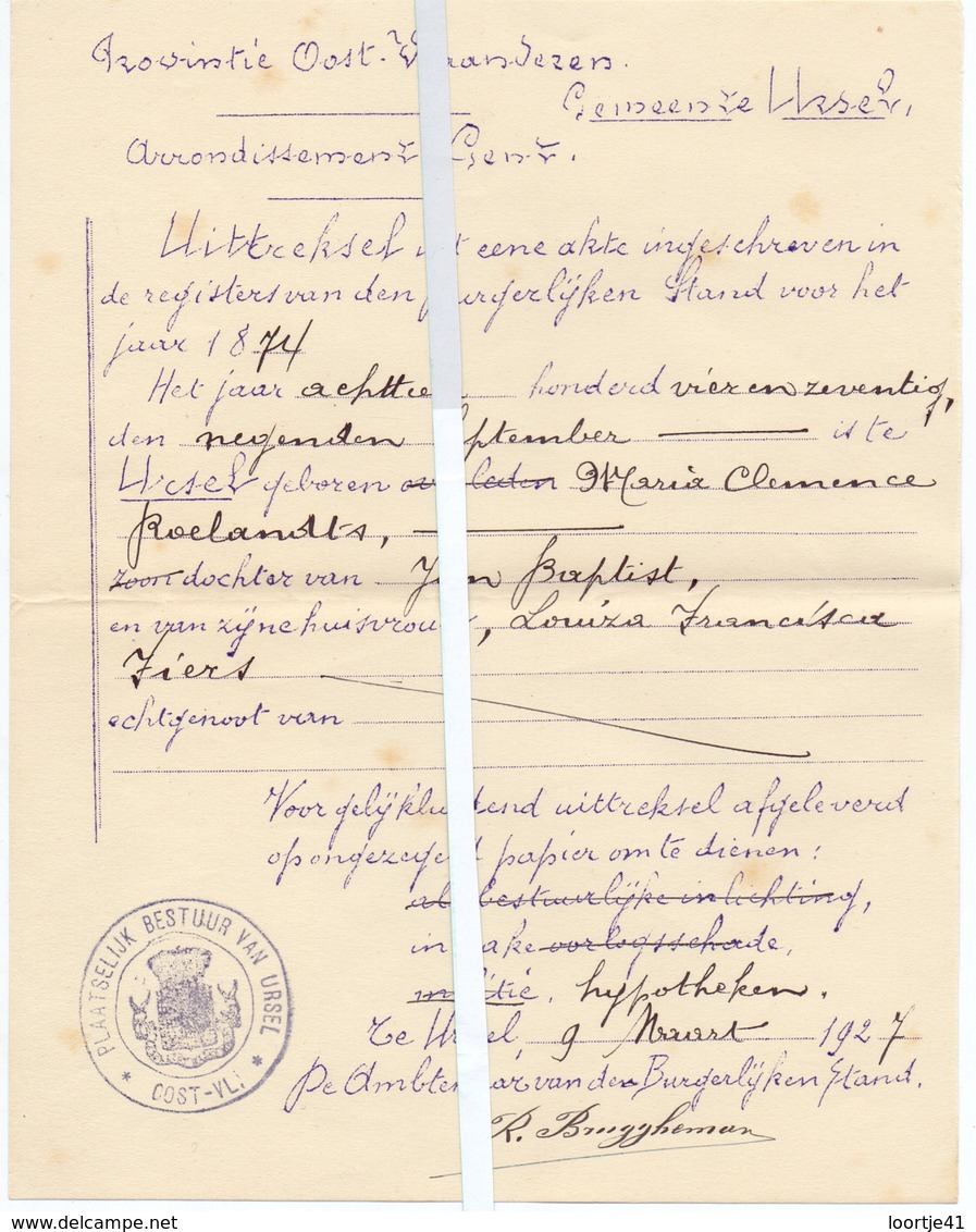 Brief Lettre - Gemeente Ursel - Uittreksel Geboorteakte  Maria Clemence Roelandts Dochter Jan Bapt. & Louiza Fiers 1874 - Zonder Classificatie