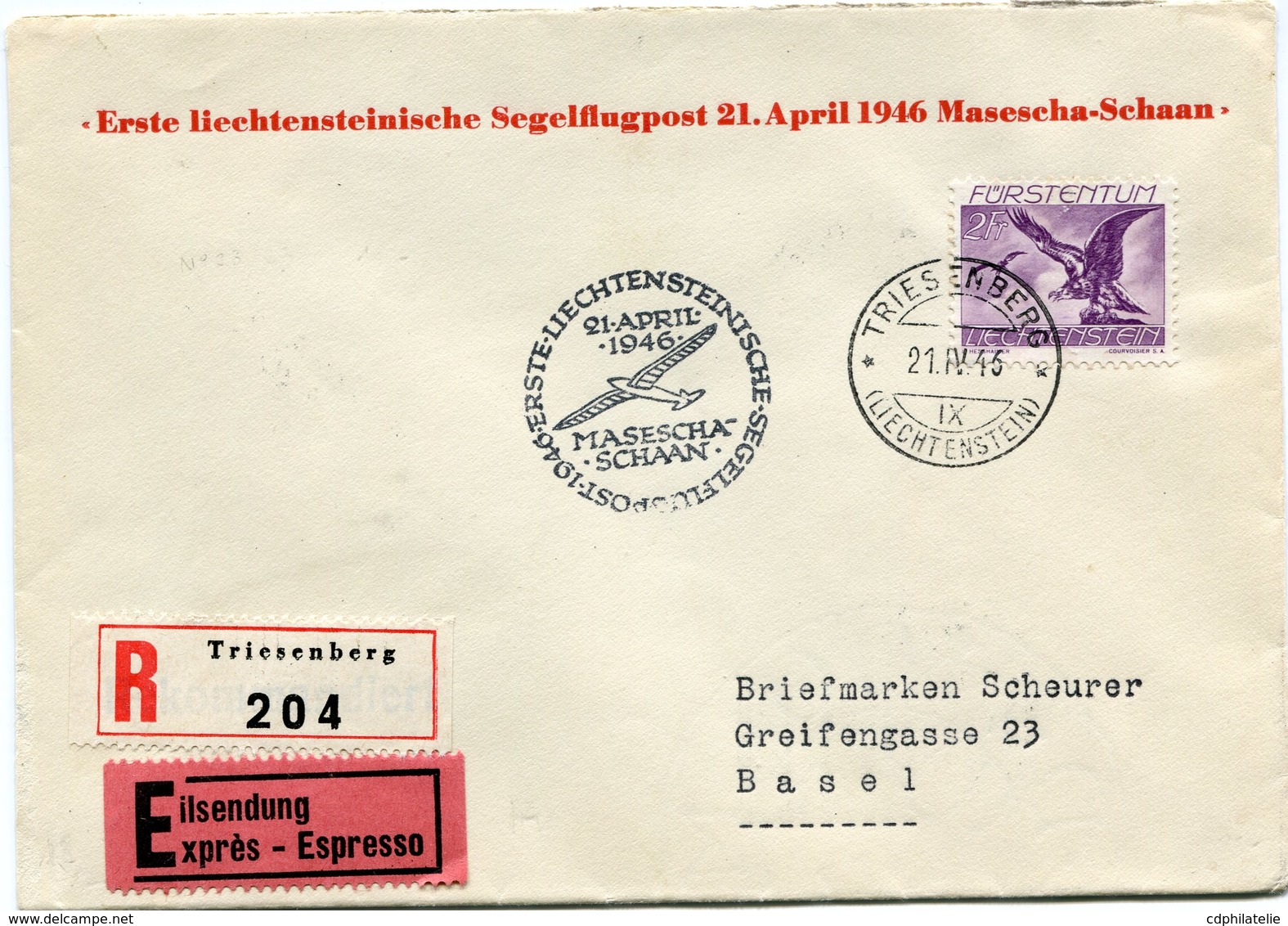 LIECHTENSTEIN LETTRE RECOMMANDEE EXPRES AFFRANCHIE AVEC LE PA 23 ( GYPAETE ) DEPART TRIESENBERG 21 IV 46 POUR LA SUISSE - Air Post