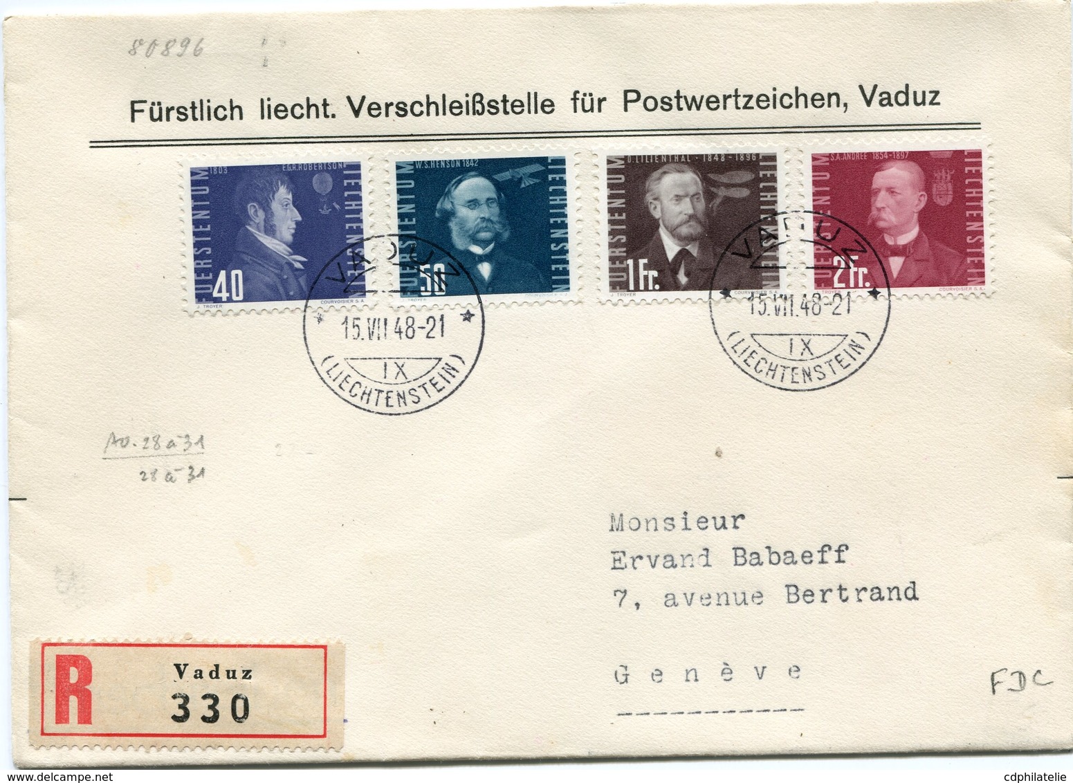 LIECHTENSTEIN LETTRE RECOMMANDEE AFFRANCHIE AVEC LES PA 28/31 DEPART VADUZ 15 VII 48 POUR LA SUISSE - Poste Aérienne