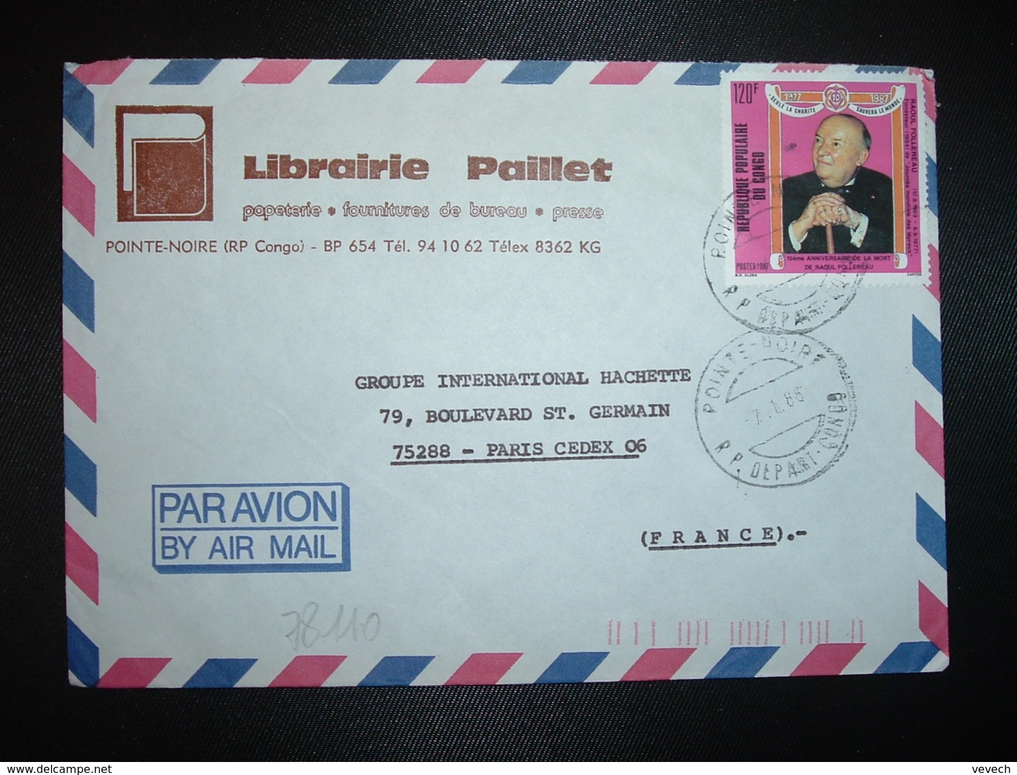 LETTRE Pour La FRANCE TP MORT DE RAOUL FOLLEREAU F OBL.7-1 88 POINTE NOIRE RP DEPART CONGO + LIBRAIRIE PAILLET - Oblitérés