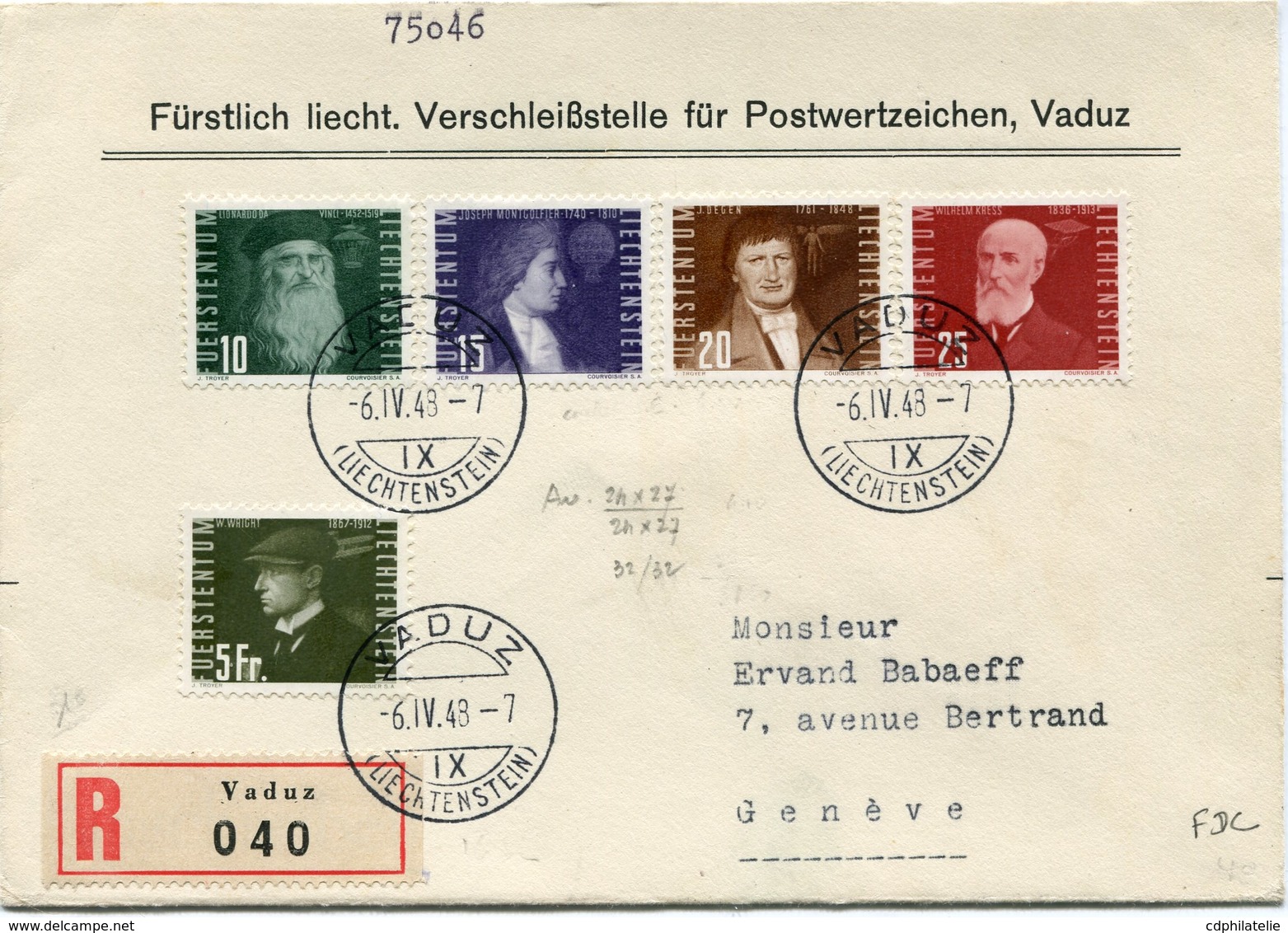 LIECHTENSTEIN LETTRE RECOMMANDEE AFFRANCHIE AVEC LES PA 24/27 + PA 32 DEPART VADUZ 6 IV 48 POUR LA SUISSE - Luftpost