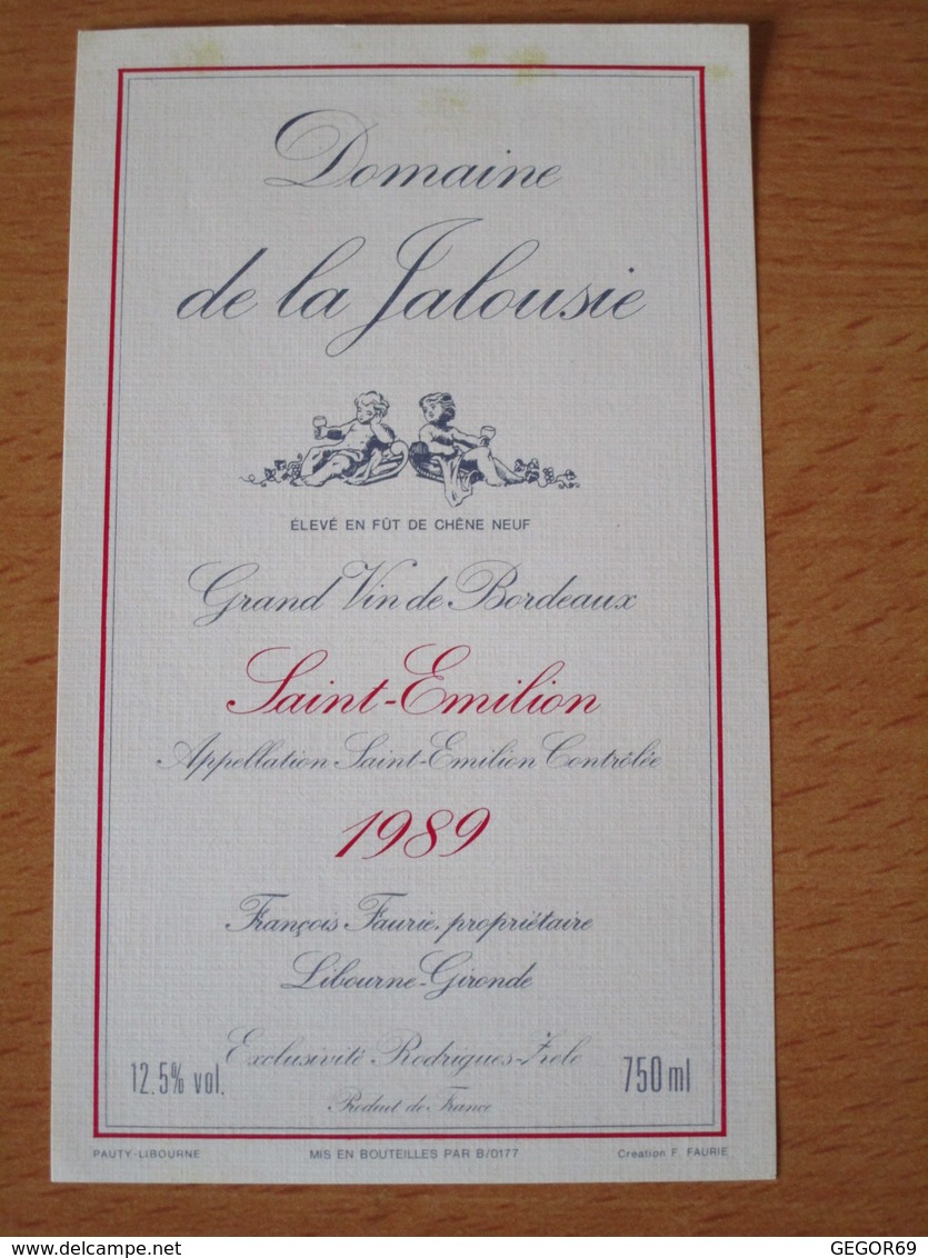 ETIQUETTE DE VIN BORDEAUX SAINT-EMILION DOMAINE DE LA JALOUSIE 1989 - Bordeaux