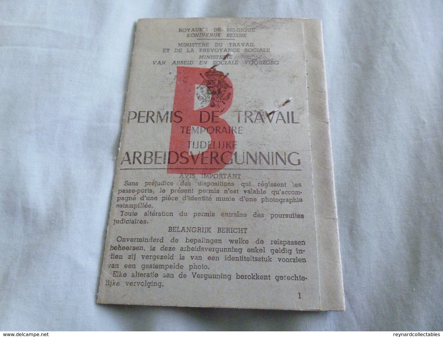 Belgium Work Permit, Issued To UK Subject In 1951 - Historical Documents