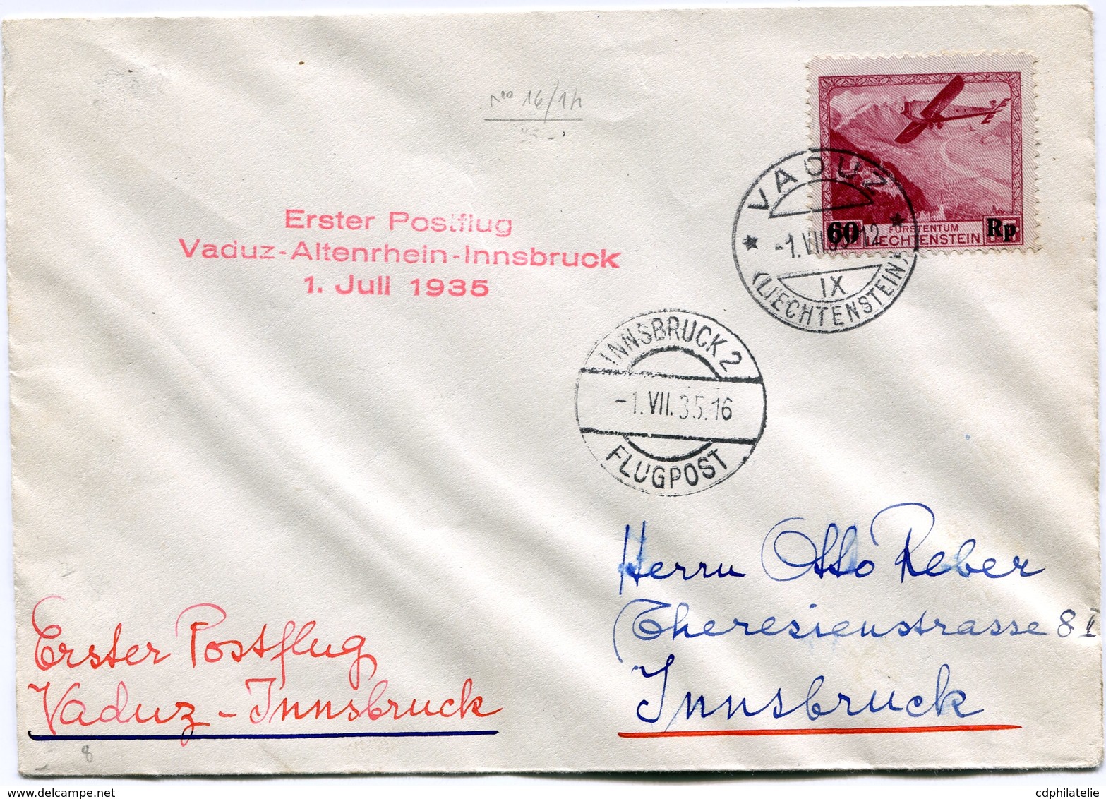 LIECHTENSTEIN LETTRE AVEC CACHET "ERSTER POSTFLUG VADUZ-ALTENRHEIN-INNSBRUCK" DEPART VADUZ 1 VII 35 POUR L'AUTRICHE - Air Post