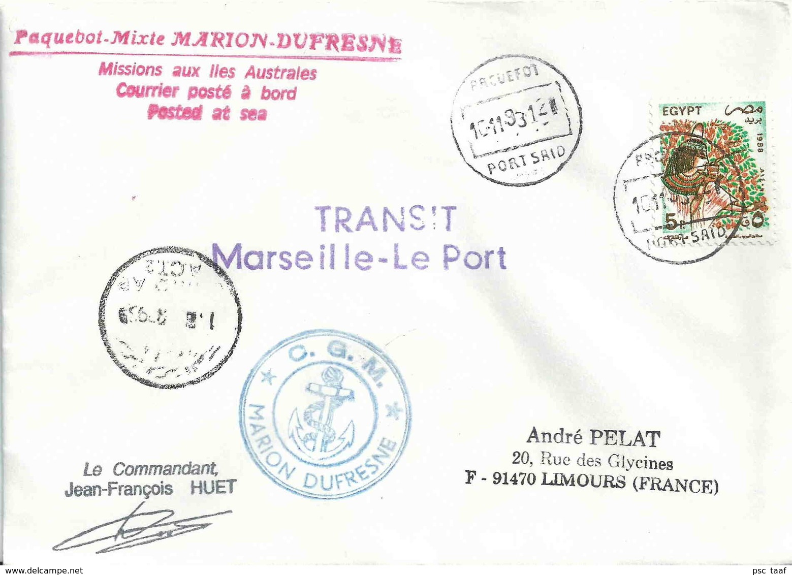 YT 1356 - Déesse - Lettre Postée à Port Saïd (Egypte) - Transit Du Marion Dufresne Marseille Le Port - Mythologie