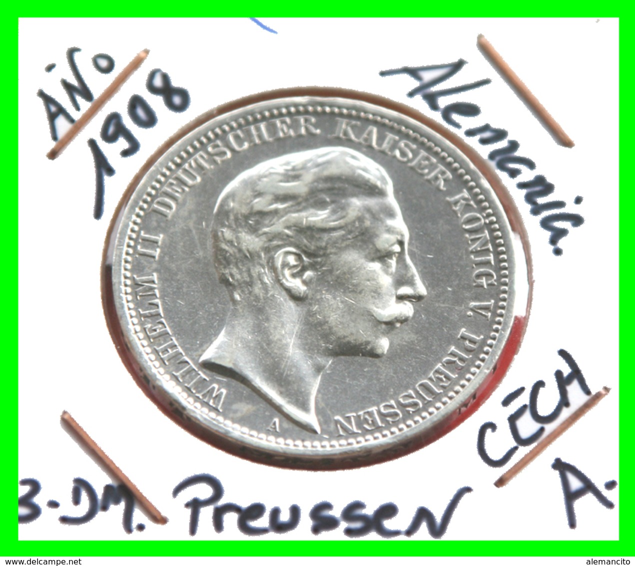 PREUSSEN - WILHELM II DEUTSCHER KAISERKÖNIG VON PREUSSEN 3 DM AÑO 1908 – CECA-A - 2, 3 & 5 Mark Silber