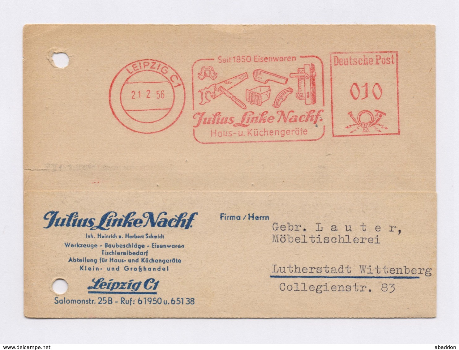 DDR AFS - LEIPZIG, Julius Linke Haus- U. Küchengeräte 1956 Auf Firmenkarte - Maschinenstempel (EMA)