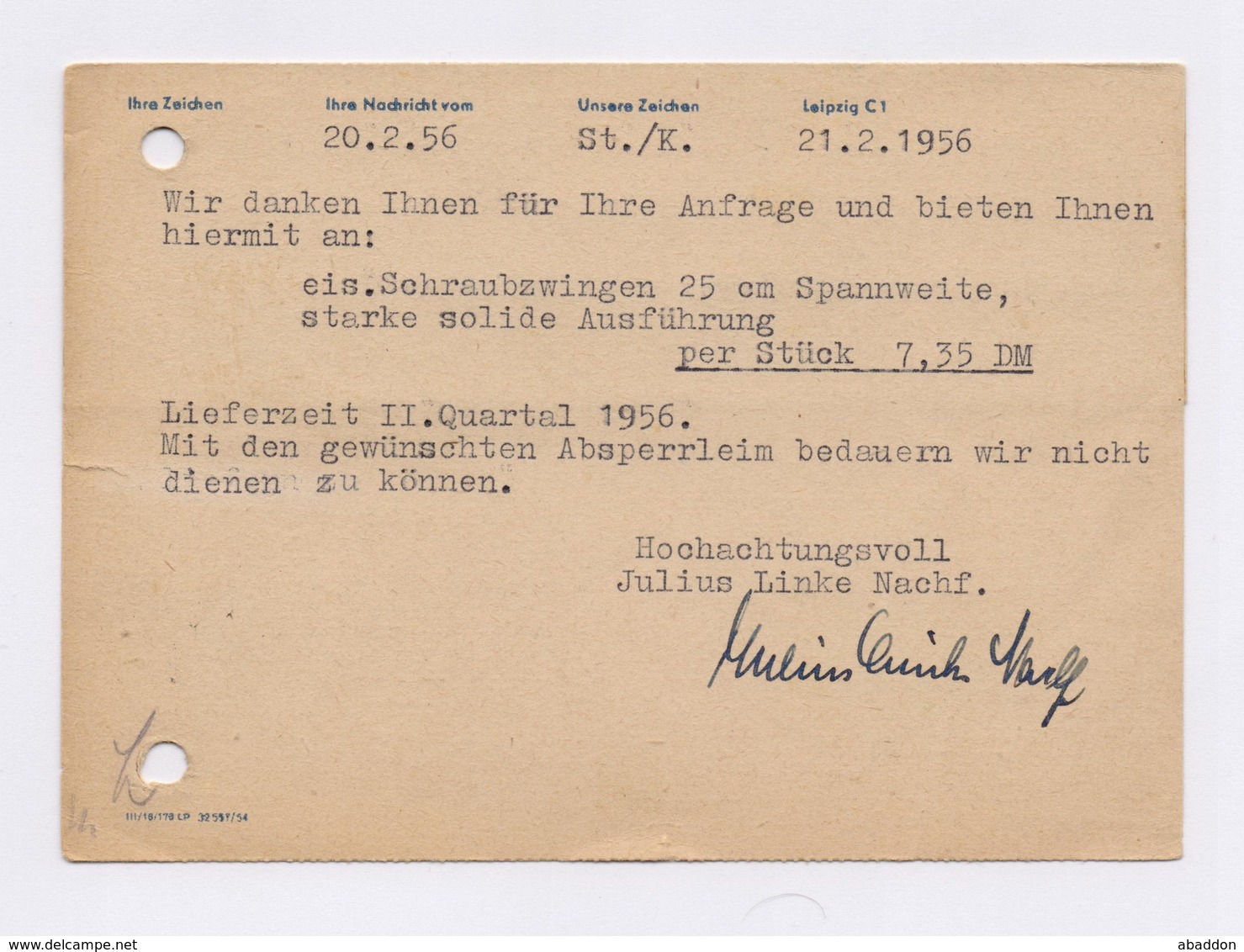 DDR AFS - LEIPZIG, Julius Linke Haus- U. Küchengeräte 1956 Auf Firmenkarte - Maschinenstempel (EMA)