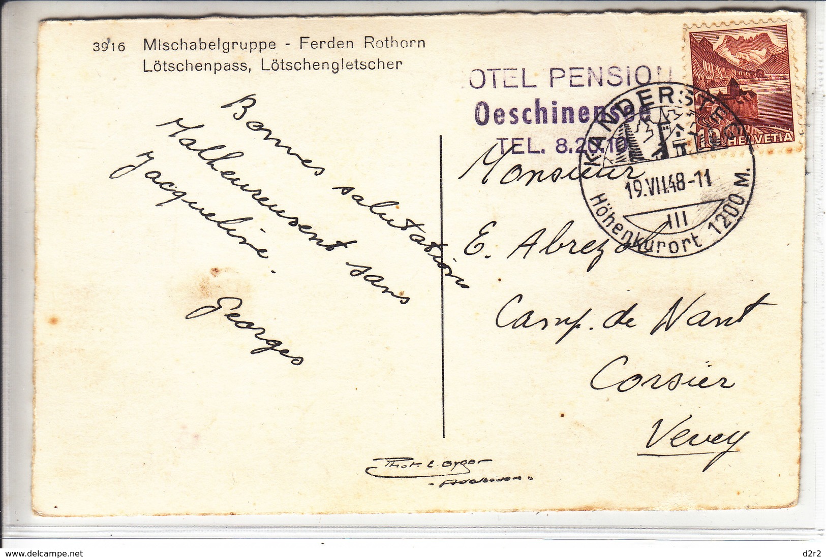 MISCHABELGRUPPE - FERDEN ROTHORN - LÖTSCHENPASS - 1948 - CACHET HOTEL PENSION OESCHINENSEE - Ferden