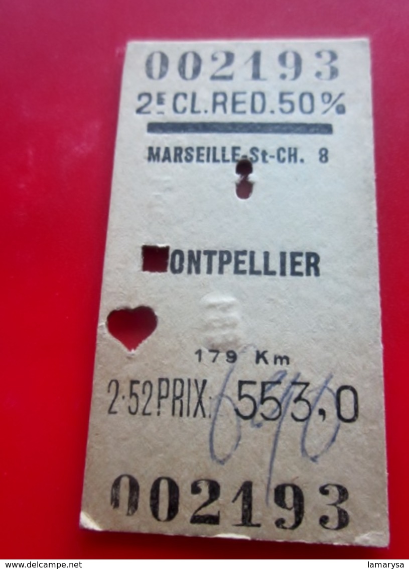 1954-Titre Transport Billet Ticket Simple 50% Redu-2é Classe Chemins De Fer-Marseille St Charles/Montpellier-174km/553fr - Europa