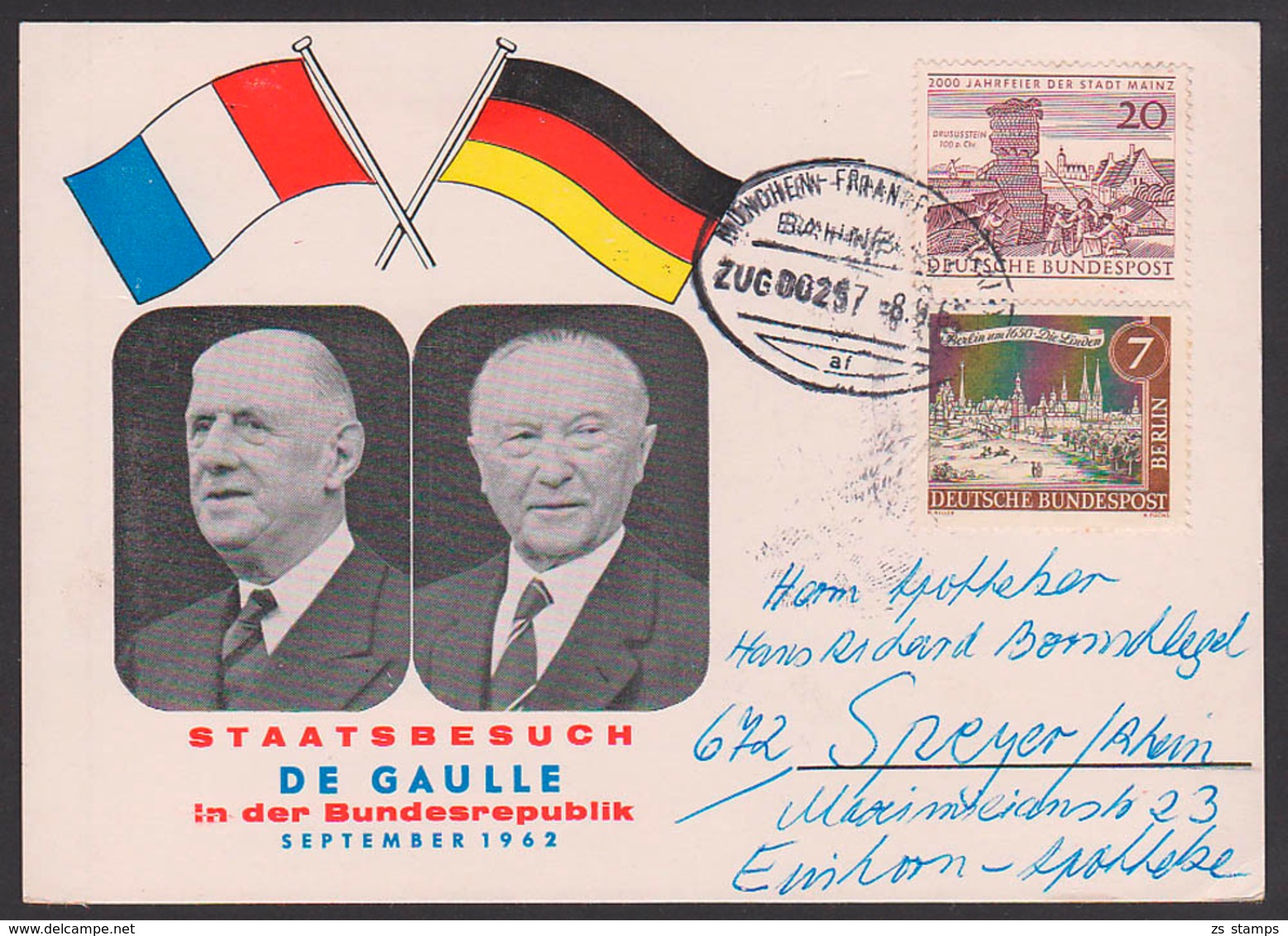 DE GAULLE Mit Konrad Adenauer, Staatsbesuch In Der BRD, Schmuckkarte Mit Bahnpostst. 8.9.62 - Lettres & Documents