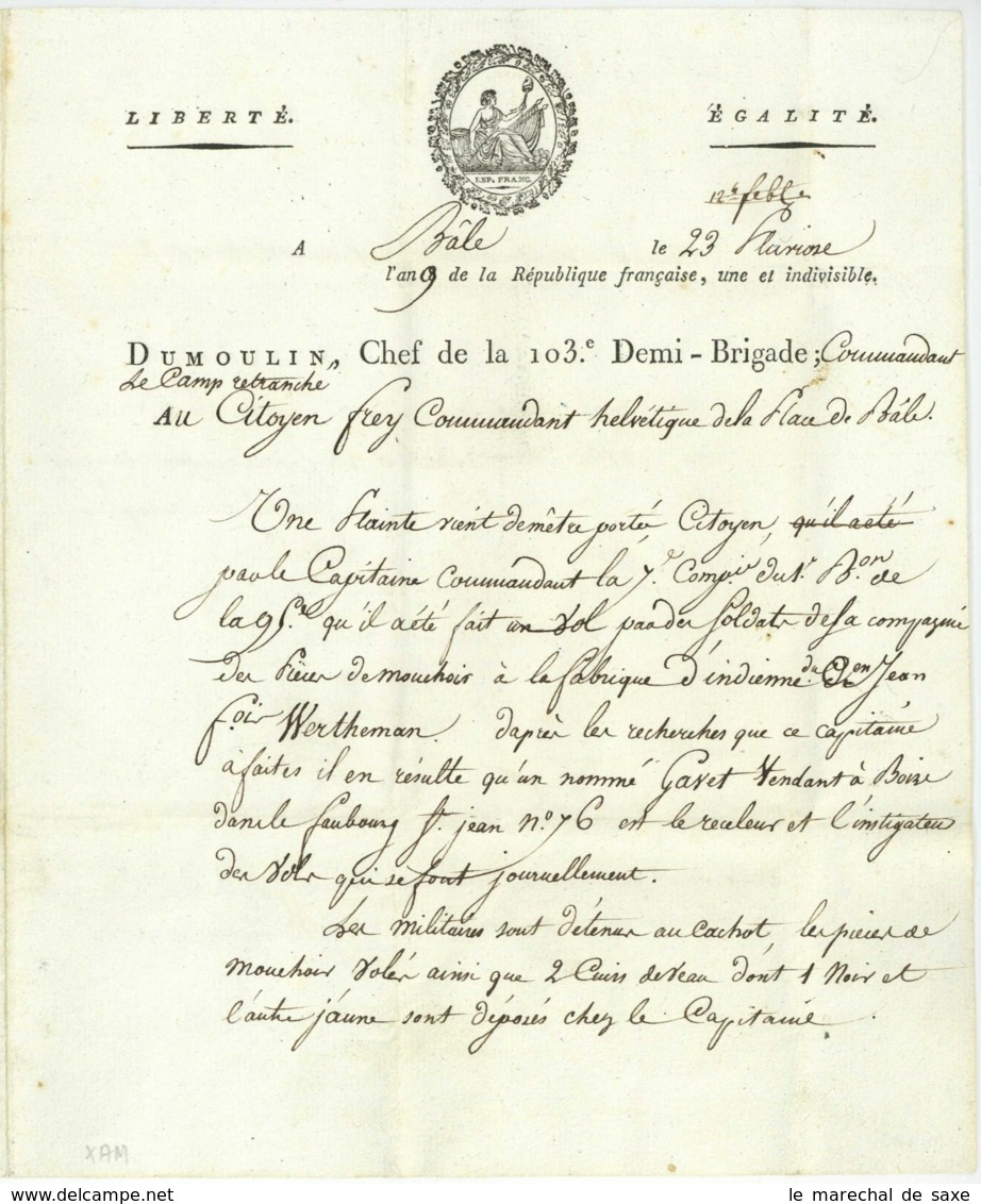 BALE Basel 1801 ARMEE FRANCAISE En SUISSE - GENERAL DUMOULIN (1749-1809) - Schweiz - Documenti Storici