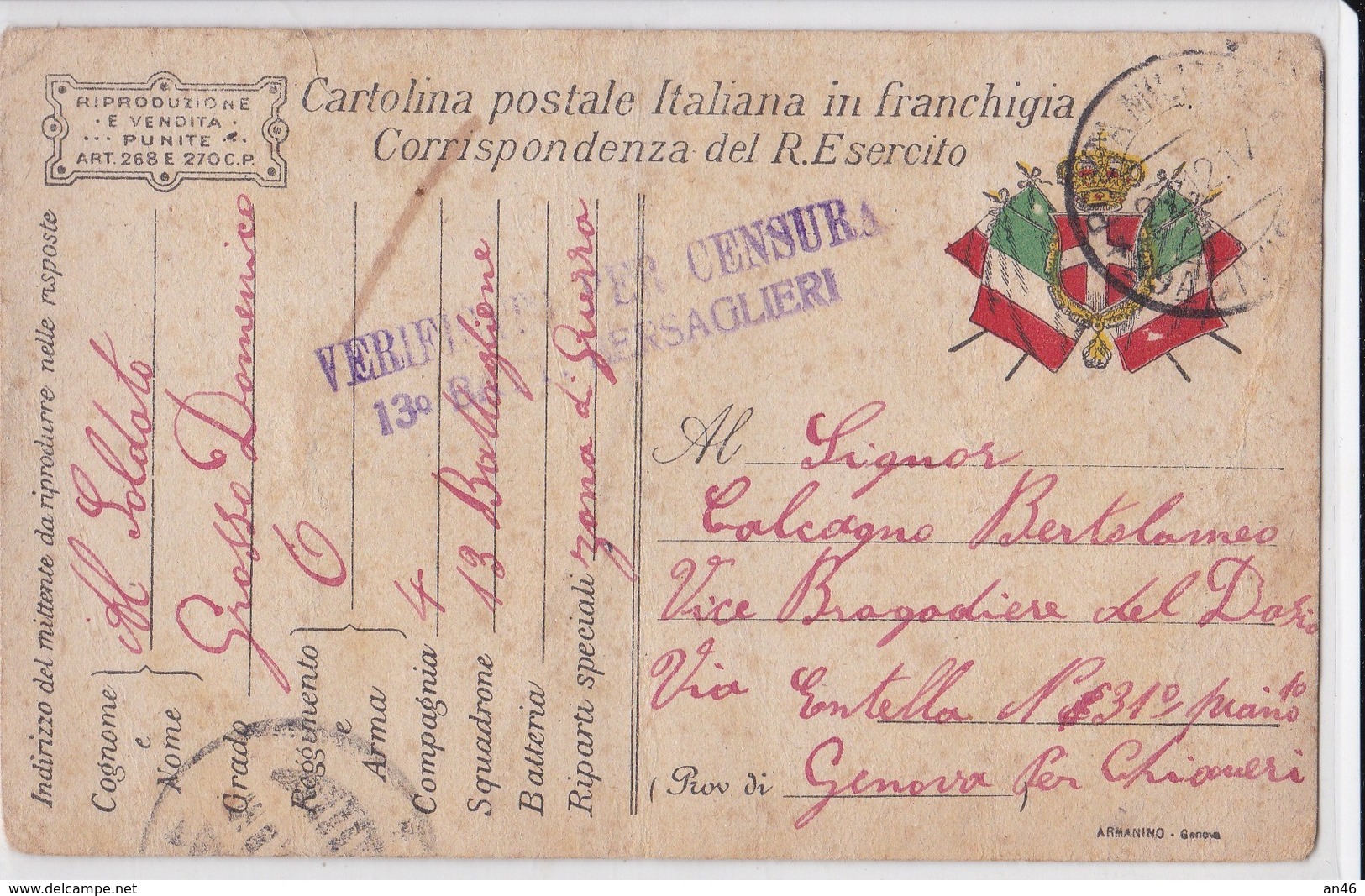 CARTOLINA POSTALE ITALIANA IN FRANCHIGIA CORRISPONDENZA DEL R.ESERCITO VG PER GENOVA AUTENTICA 100% - Posta