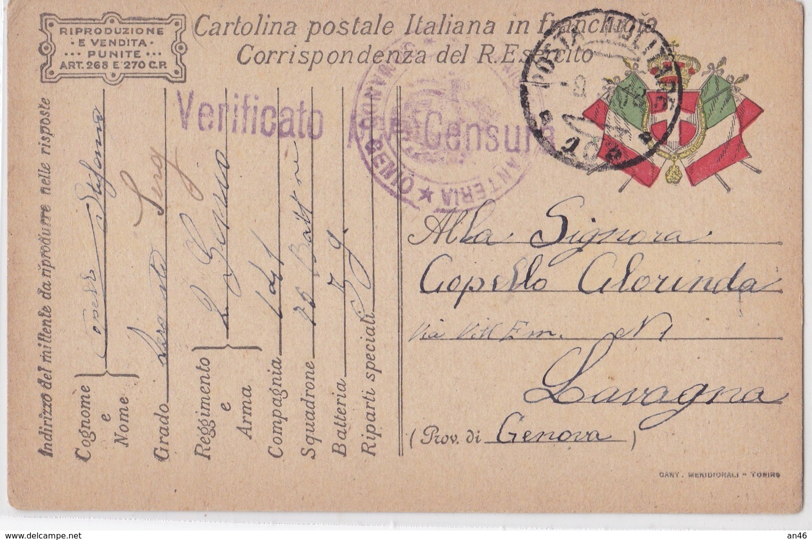 CARTOLINA POSTALE ITALIANA IN FRANCHIGIA CORRISPONDENZA DEL R.ESERCITO VG PER GENOVA AUTENTICA 100% - Posta