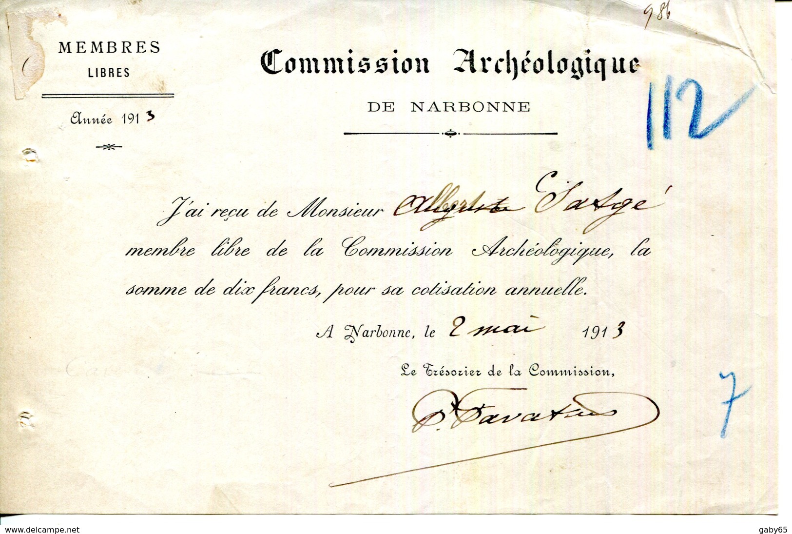 11.AUDE.NARBONNE.REÇU.COMMISSION ARCHEOLOGIQUE. - Altri & Non Classificati