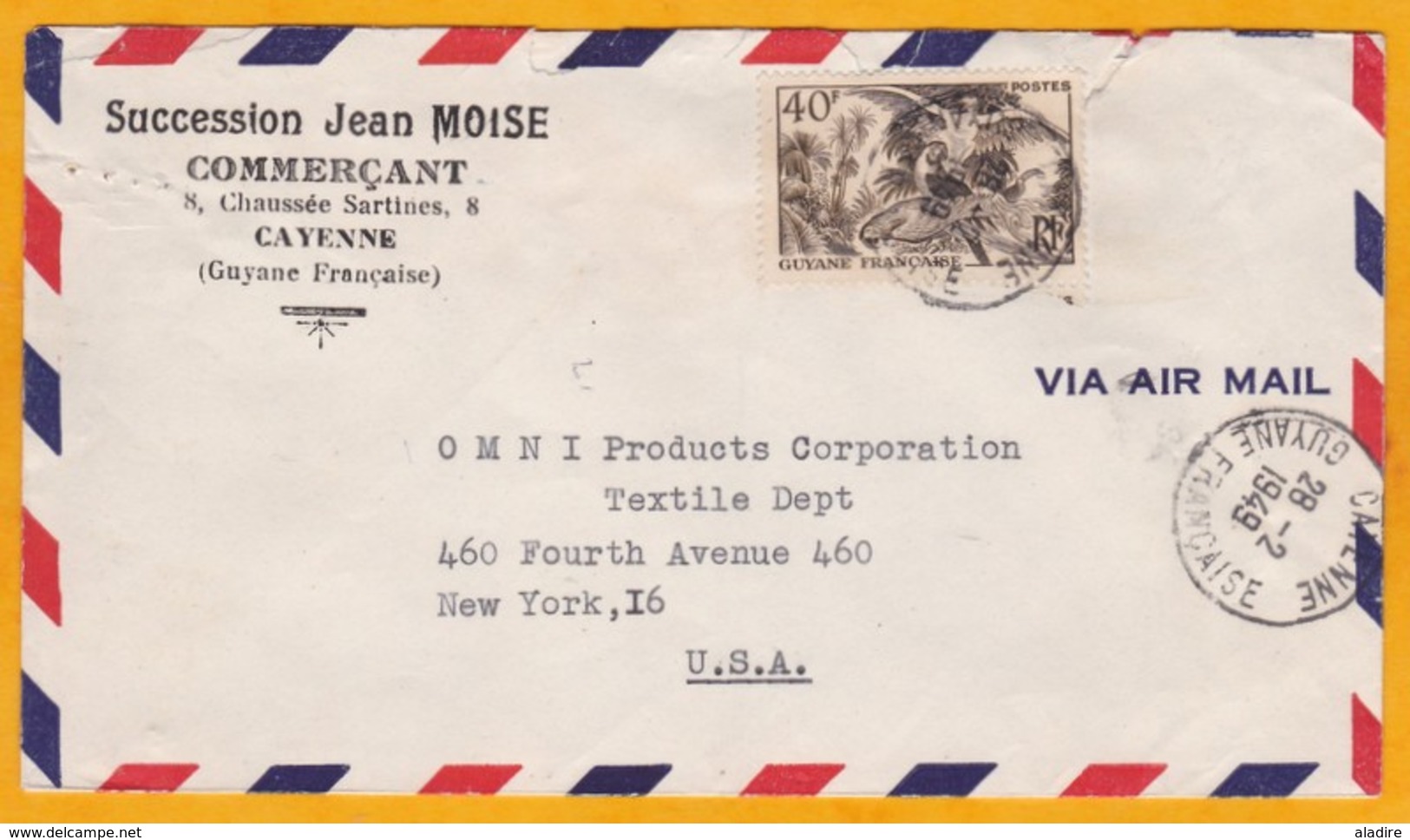 1949 - GUYANE - France - Enveloppe Par Avion De Cayenne à New York, USA - Affrt 40 F YT 217 Seul  Aras - Lettres & Documents