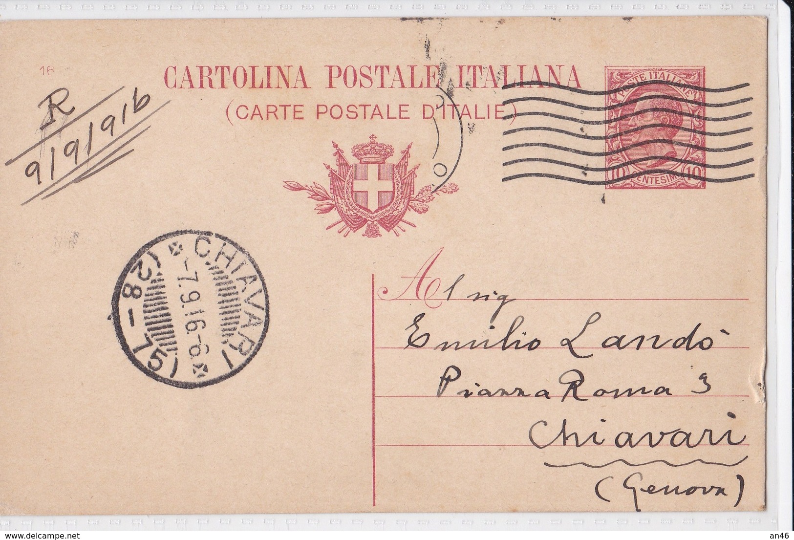 CARTOLINA POSTALE  VG PER CHIAVARI AUTENTICA 100% - Poste