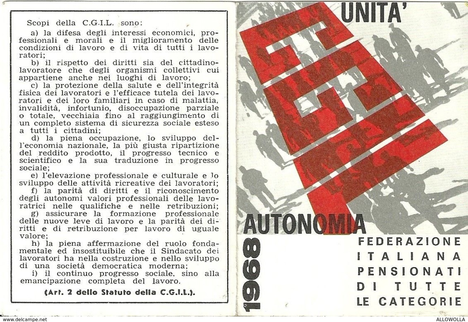 1773 " TESSERA SINDACATO CGIL - 1968 " DOCUMENTO ORIG. - Altri & Non Classificati